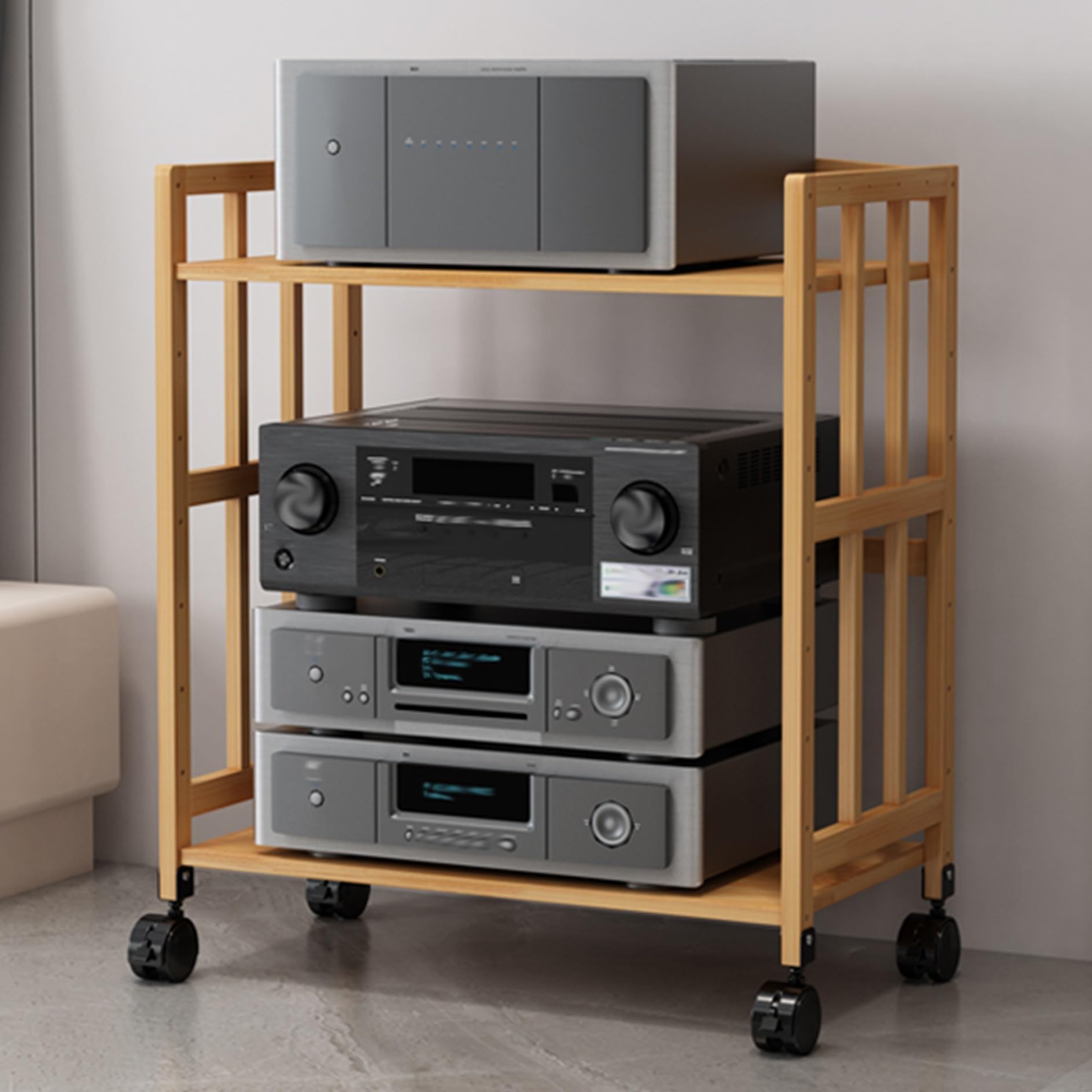 Multimedialny stojak AV 2/3-poziomowa drewniana szafka pod telewizor półka na drukarkę stereo do przechowywania płyt CD/DVD konsole do gier i routera, naturalne wykończenie, 50 x 30 cm