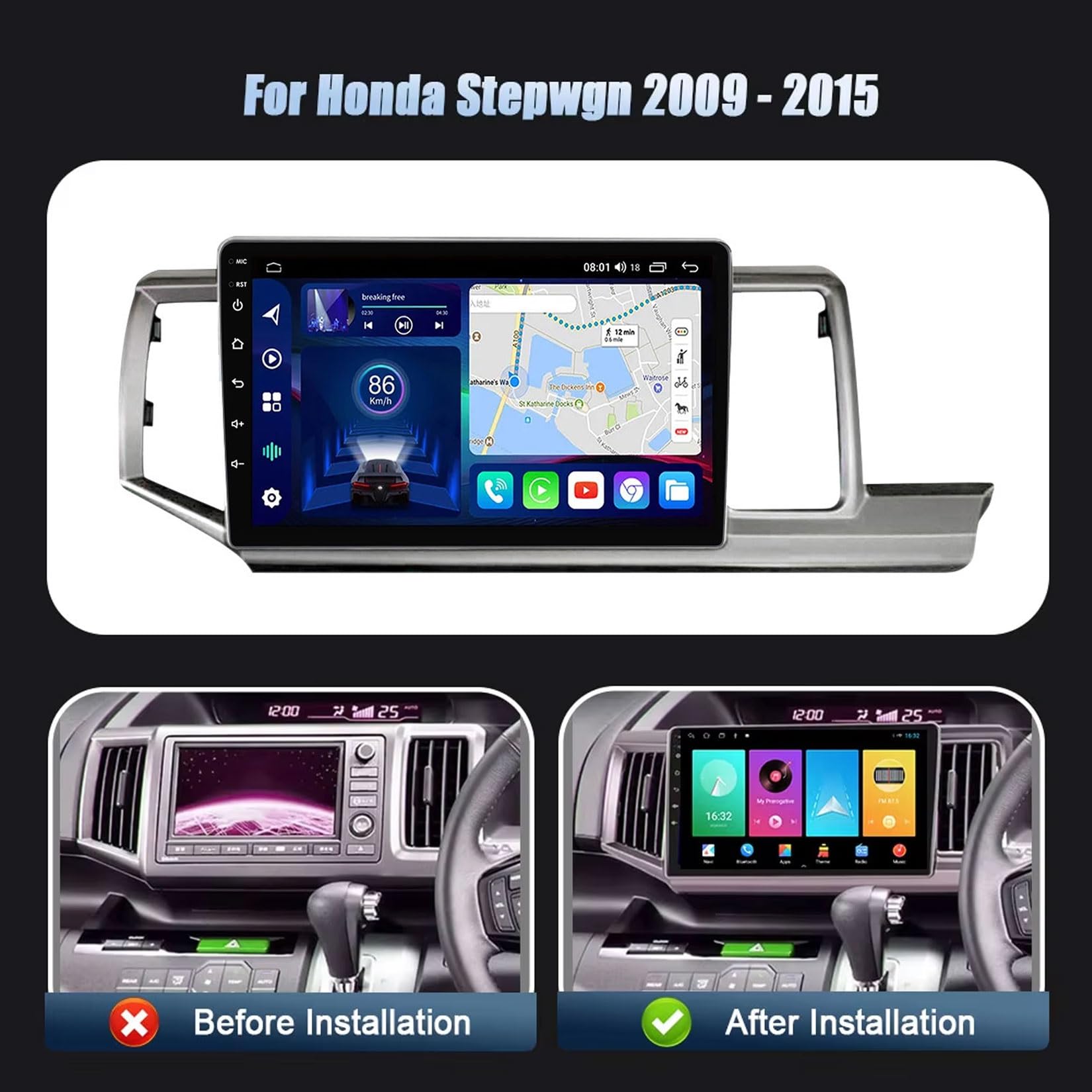 Radio samochodowe z systemem Android 2 Din do Honda Stepwgn 2009-2015 ekran dotykowy 10-calowy nawigacja GPS nawigacja satelitarna multimedialny odtwarzacz wideo z Bluetooth 4G WiFi FM RDS DSP(Y1