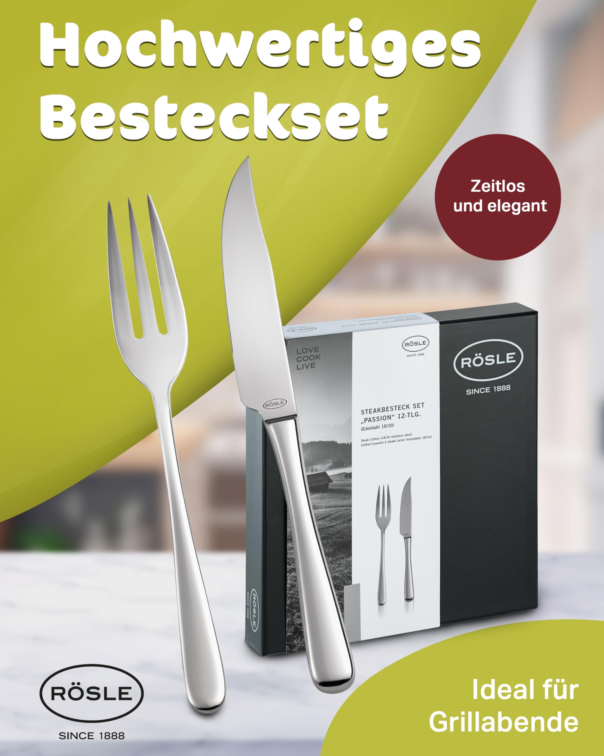 RÖSLE PASSION Steakbesteck 12-teilig – Hochwertiges Steakbesteck Set für 6 Personen aus Edelstahl 18/10 und Klingenspezialstahl – Hochglanzpoliert, Spülmaschinengeeignet, in Eleganter Geschenkbox