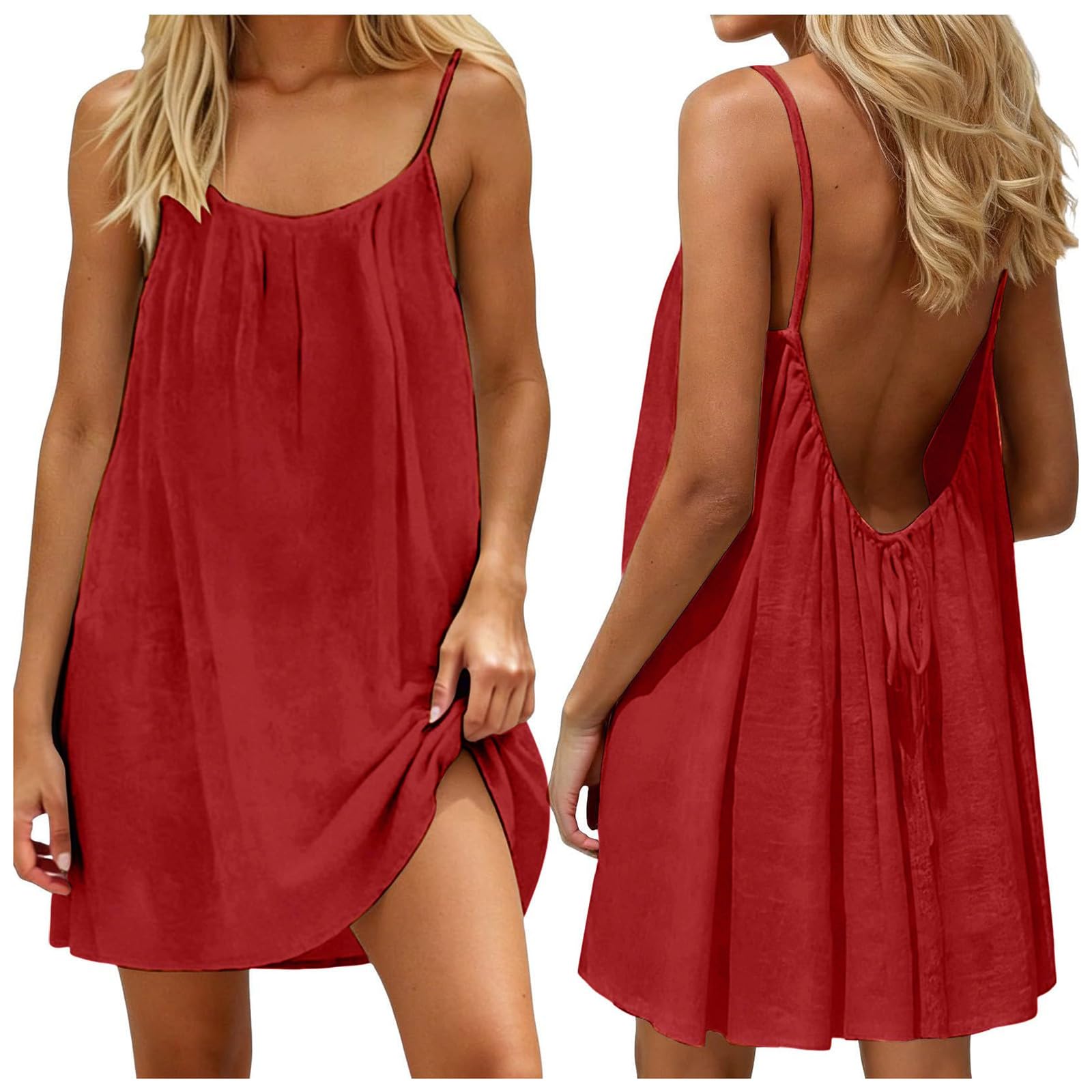 Damska 2026 Bez pleców Cami Sundress Letnia Plaża Casual Maxi Spaghetti Pasek Luźna Długa Sukienka Wakacyjny Strój Sukienki dla Kobiet Bez Rękawów Jednolity Kolor Lounge Zwiewny Dom Odzież wewnętrzna