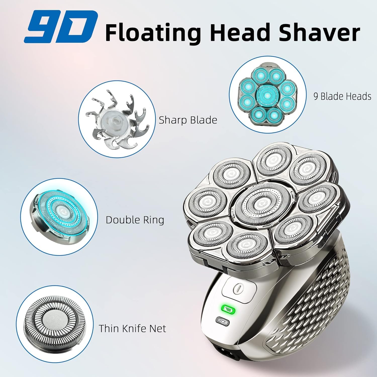 Head Shavers for Men,Upgrade 9D Electric Shavers Men 6-in-1 Bald Head Shaver,IPX6 Waterproof Shavers for Men Cordless Rechargeable Wet&Dry Rotary Razors Grooming Kit with Beard Clippers Nose Trimmer - Image 3