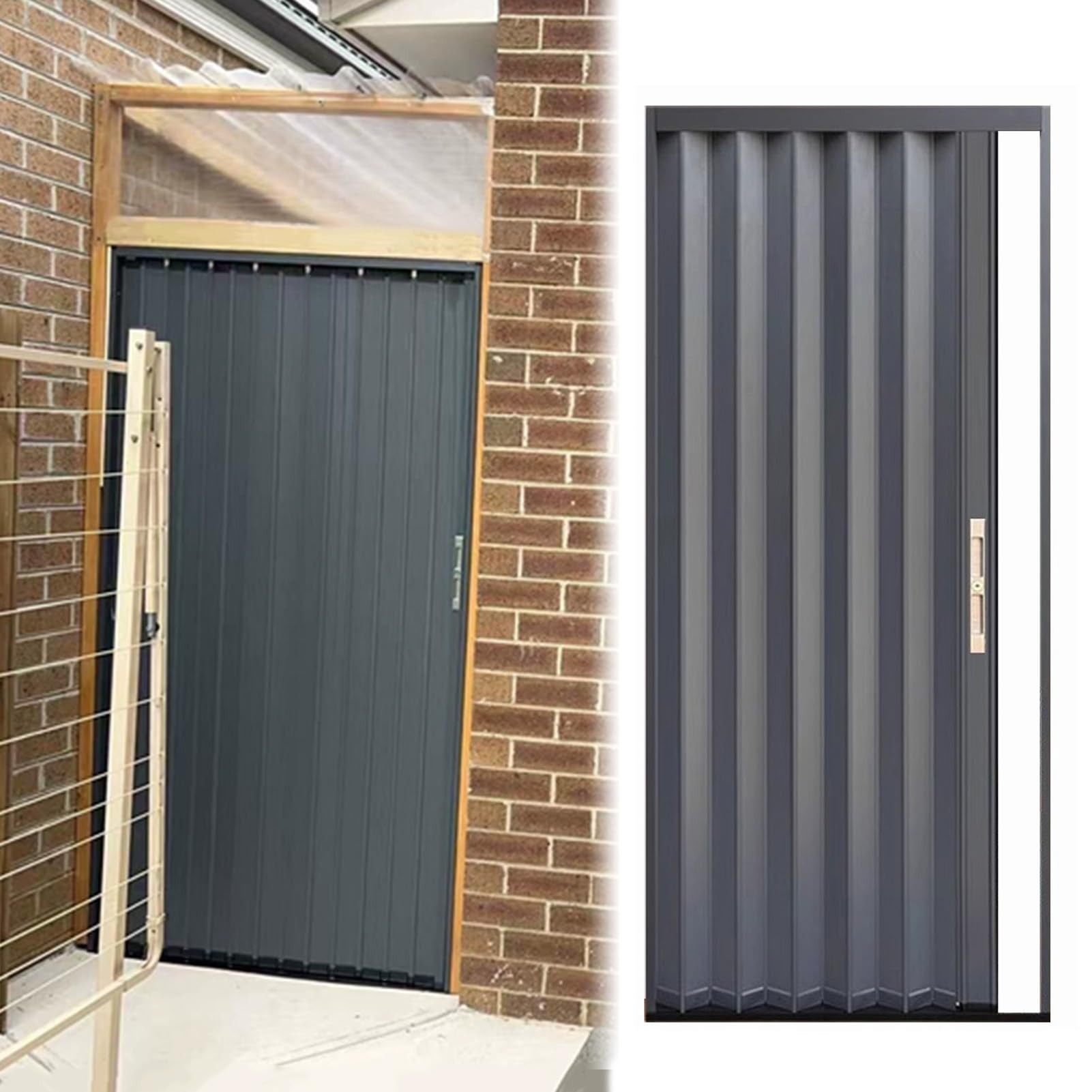 Concertina Door Exterior Aluminum Folding Door with Lock, Weatherproof Sliding Door for Yard Shed Garage, Accordion Style Retractable Gate, Metal Foldable Screen(54x80in (137x203cm))