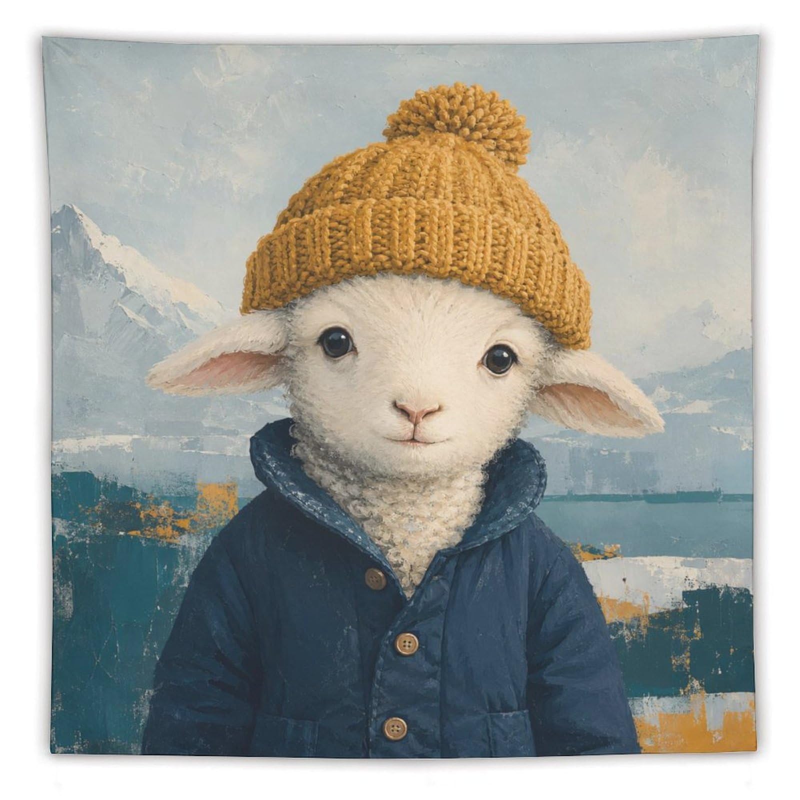 W7C8U2X3 Lamb Winter Hat Lake Wall Tapestry, Oil Painting, Soft Snow Mood