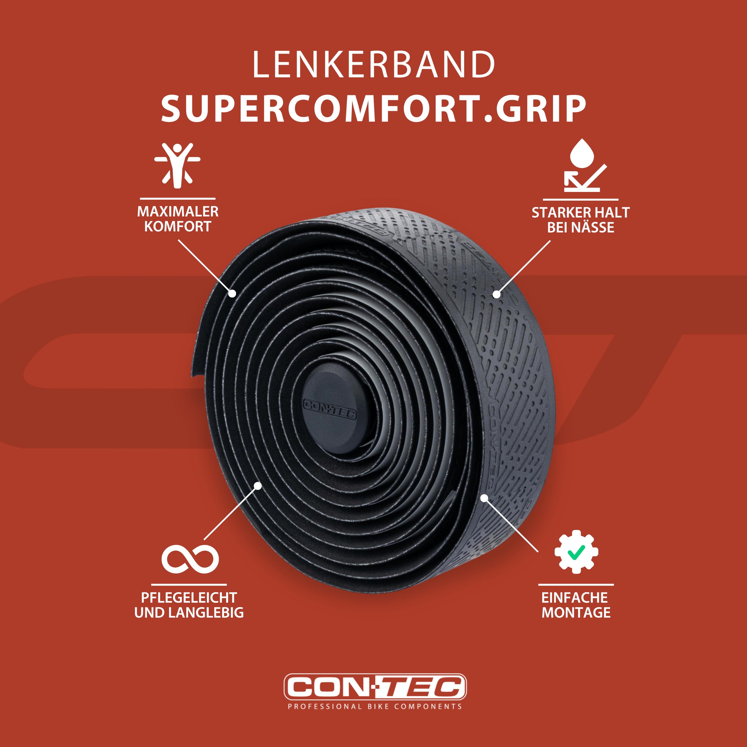 CONTEC Lenkerband SuperComfort.Grip, 2000x30x3 mm, aus Polyurethan, selbstklebend und rutschsicher, mit Silikonstreifen und 2 Lenkerstopfen, Paar, schwarz