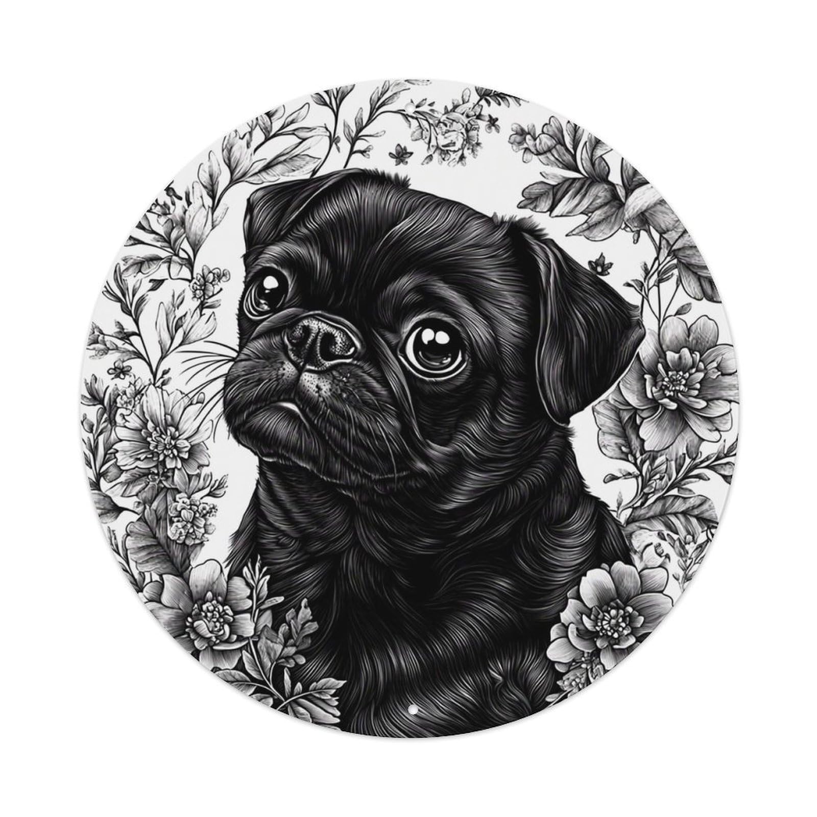 Black Pug Floral Circle Art Vintage Round Tin Sign Retro Metal Wall Decor Metal Poster, Home Bar Garage Cafe Wall Art Decoration 8x8Inches