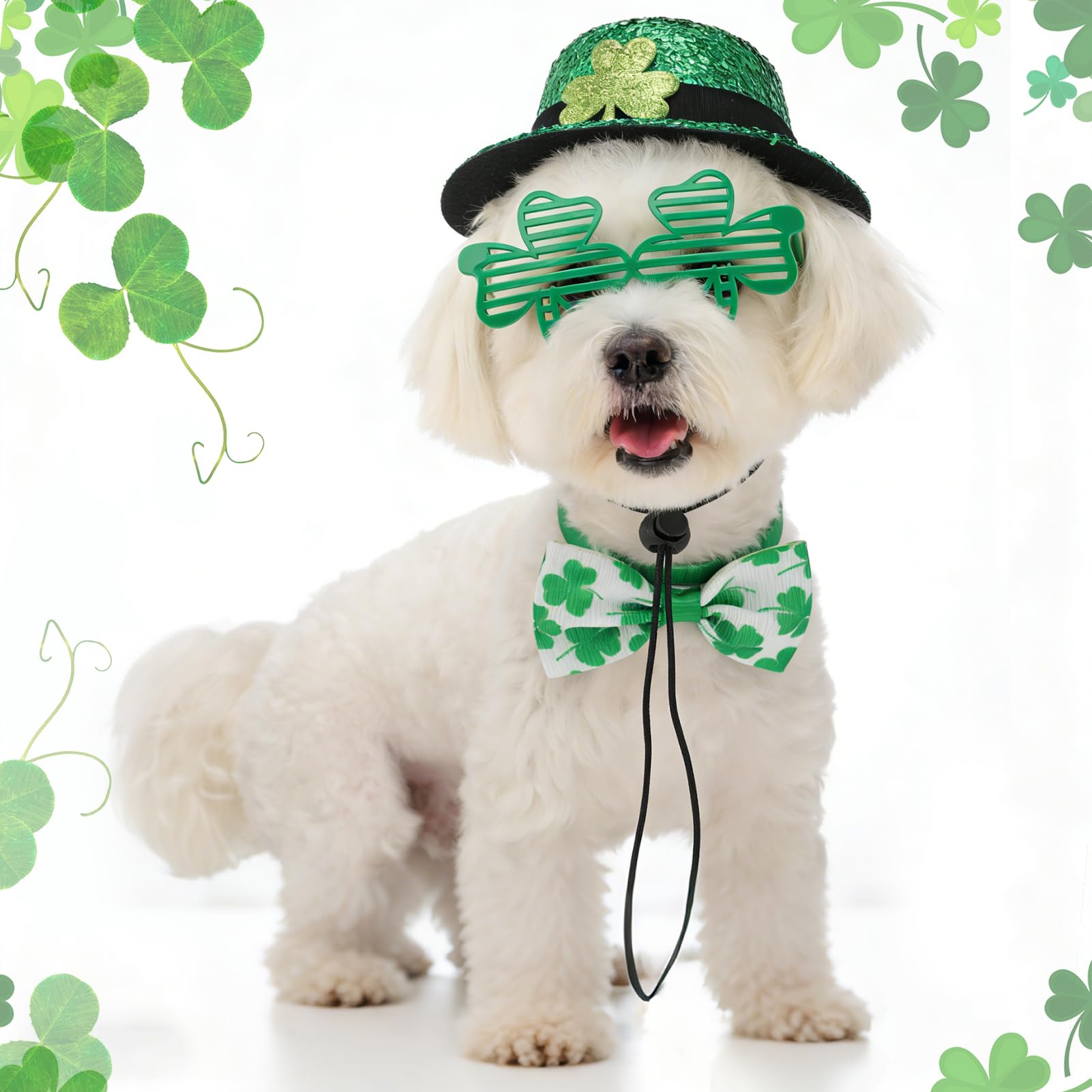 4 Pack St.Patrick's Day Costume, Including Irish Green Dog Clothes Shamrock Tall Hat Bow Glasses Tie Collar for Dog Cat Outfits — view 7