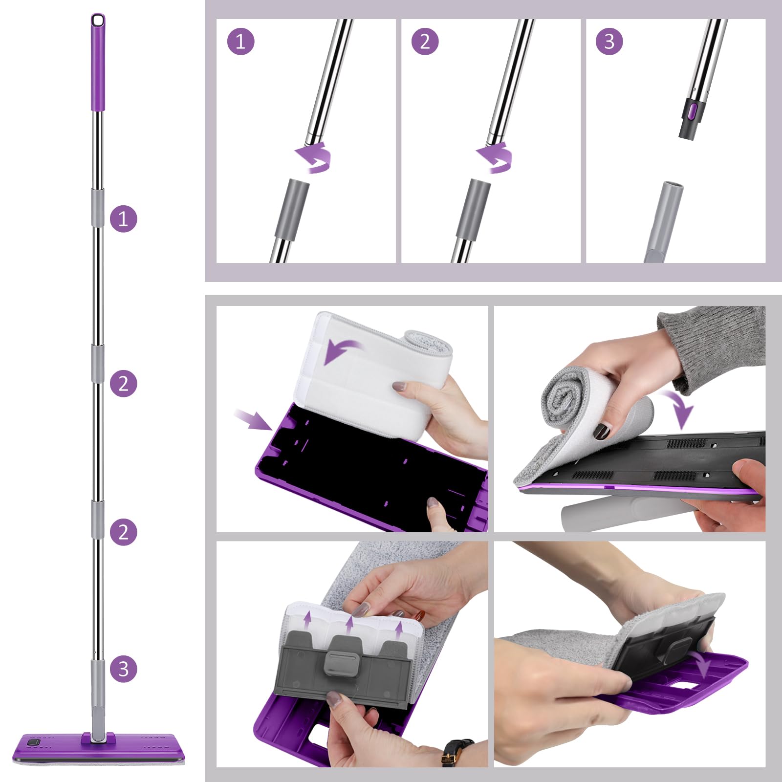 HEVOL Balai Serpillère Essoreur avec Seau, Balai Serpillère Autonettoyante avec 5 Tampons Réutilisables, Balai Plat Microfibre Rotative 360° pour Nettoyer Sol, Violet