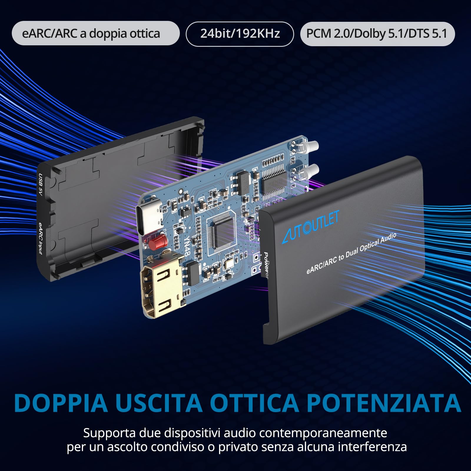 AUTOUTLET Convertitore Audio eARC/ARC a Doppia Ottica 1 Ingresso 2 Uscite,Supporta 192kHz/24bit Dolby DTS 5.1 PCM2.0,Estrattore Audio eARC, HDMI ARC to Optical Adattatore per Soundbar e Home Theater