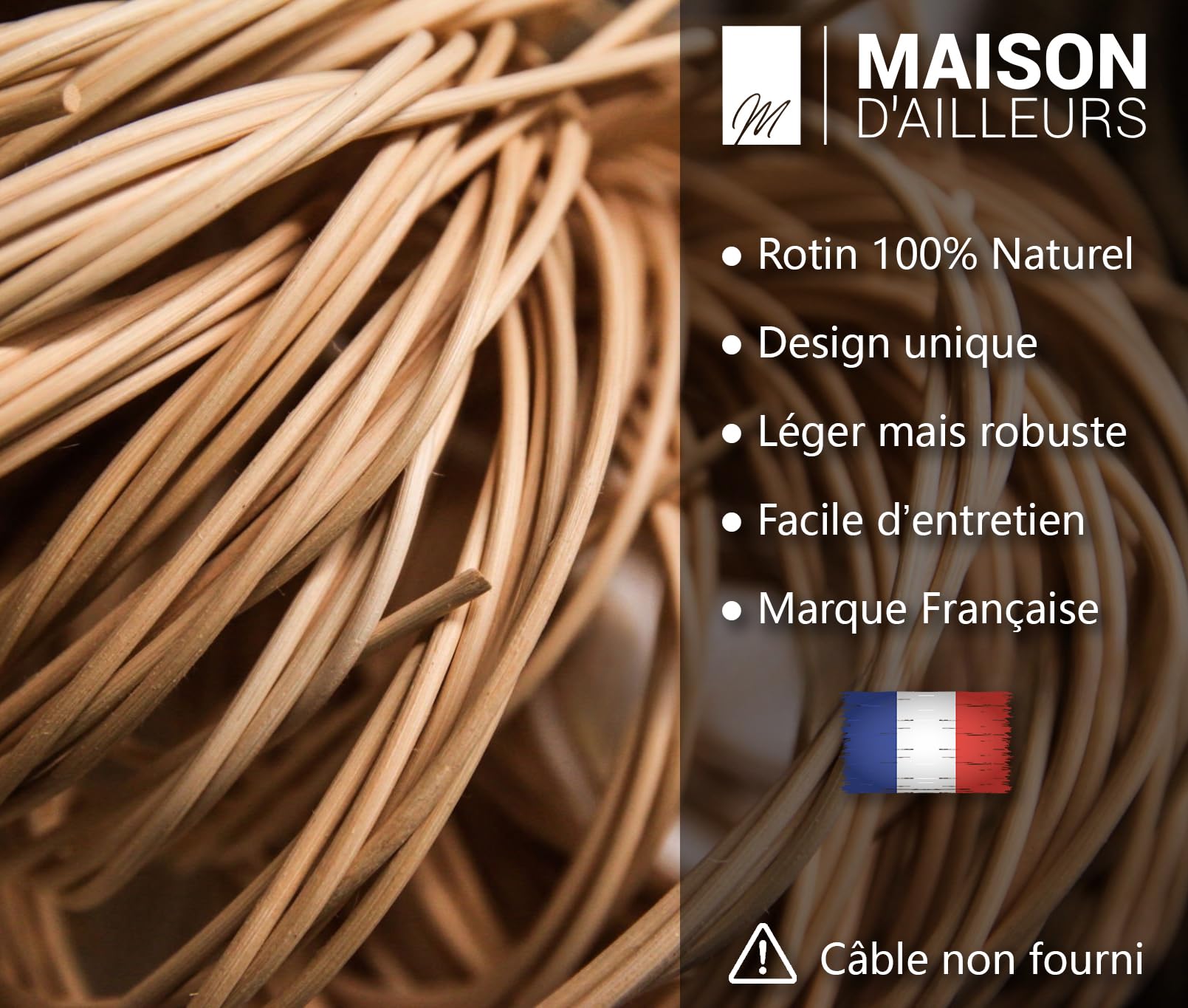 Maison d'Ailleurs - Paralume in rattan naturale, diametro 45 cm, non elettrificato, lampada a sospensione in stile bambù per soffitto, lampadario o lampada da terra