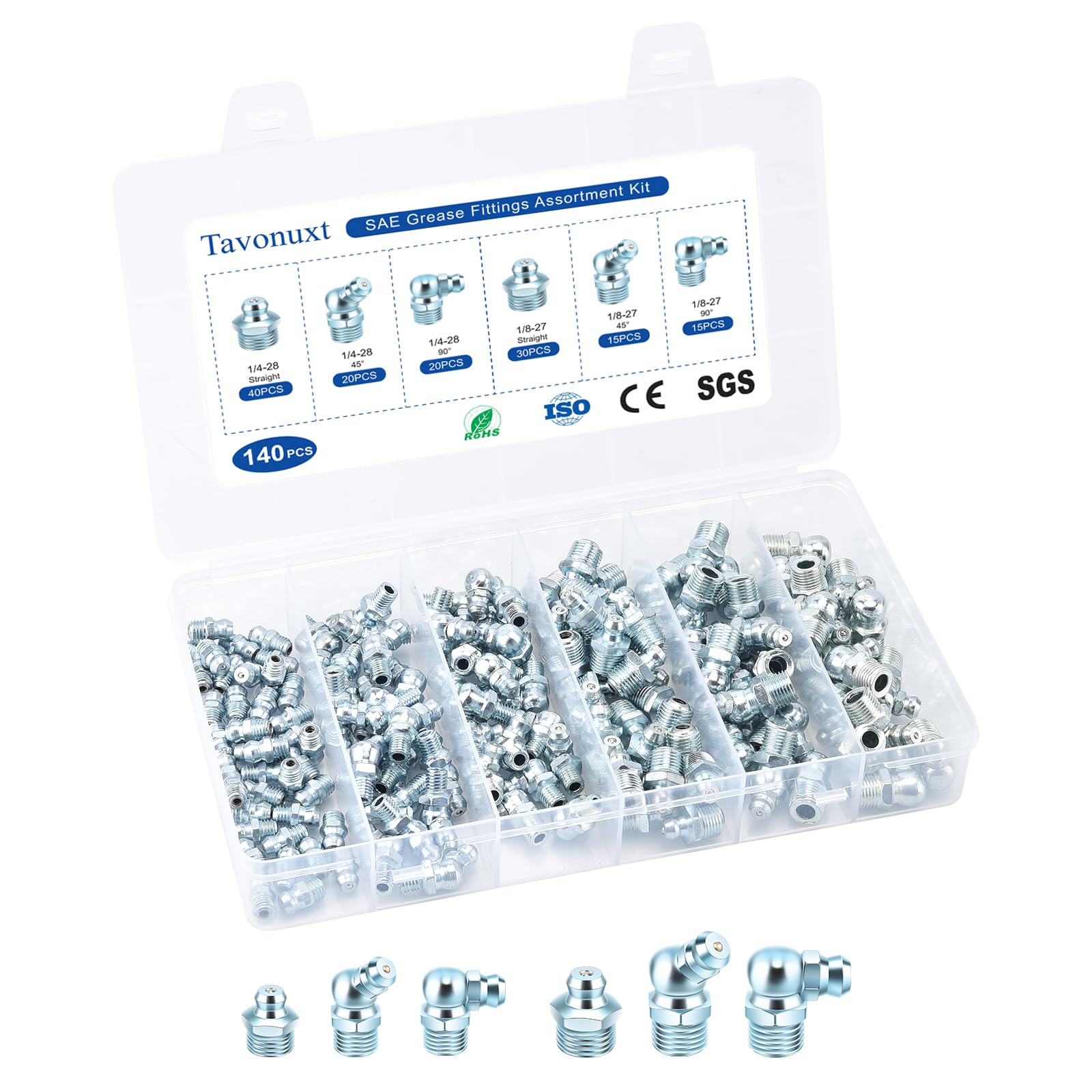 140 PCS SAE Grease Fittings Kit - Hydraulic Zerk Assortment 1/4" 1/8" with Straight, 45°, and 90° Degree Heads for Automotive and Industrial Use, Galvanized Steel Set