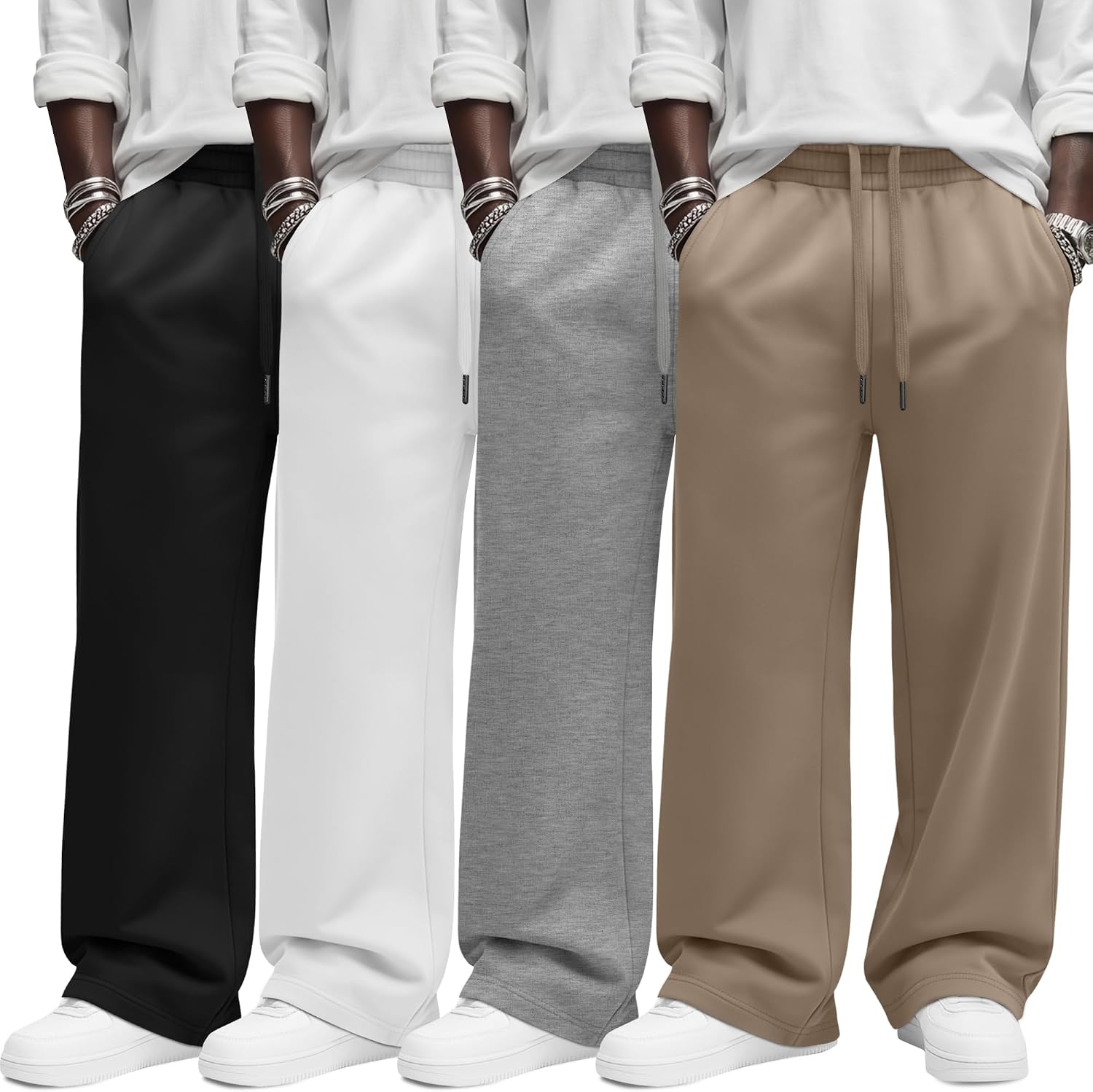 Neer 4 Pack Men's Baggy Wide Leg Sweatpants | Open Bottom, Drawstring, Elastic Waist, Athletic Pants, Gym, Lounge, with Pockets, Sweat, Cotton, Uncuffed, Relaxed Fit