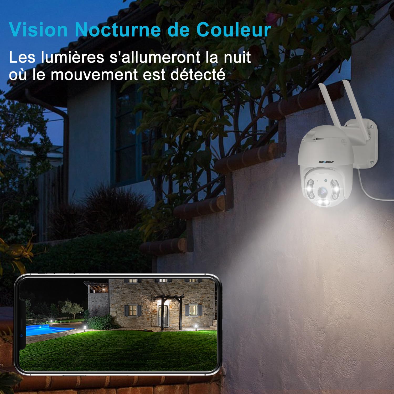 GENBOLT 2.5K WiFi Caméra de Surveillance Extérieure, CCTV IP Camera, DC&POE | 2.4&5GHz PoE, Détection Humaine, Vision Nocturne Couleur, Pan Tilt Suivi Automatique
