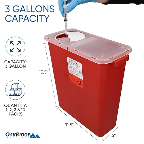 Miniatura 2 de Oakridge Products Recipiente grande para objetos punzantes para uso doméstico y profesional de 3 galones (paquete de 3) con tapa giratoria, aguja de