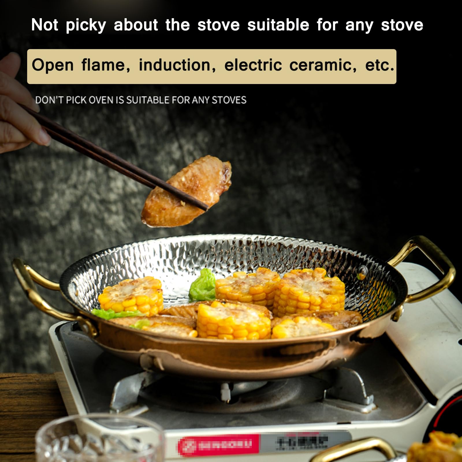 Paellera martillada de acero inoxidable sin revestimiento antiadherente con asas metálicas ergonómicas, placa de mariscos para camping y reuniones, apta para horno e inducción, 10 tamaños (30 cm