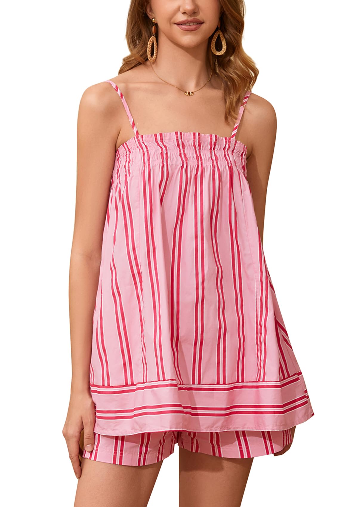 Photo 1 of calbatic Women 2 Piece Lounge Set Striped Summer Pajama Set Sleeveless Peplum Cami Top and Wide Leg Shorts Set Beachwear Pink