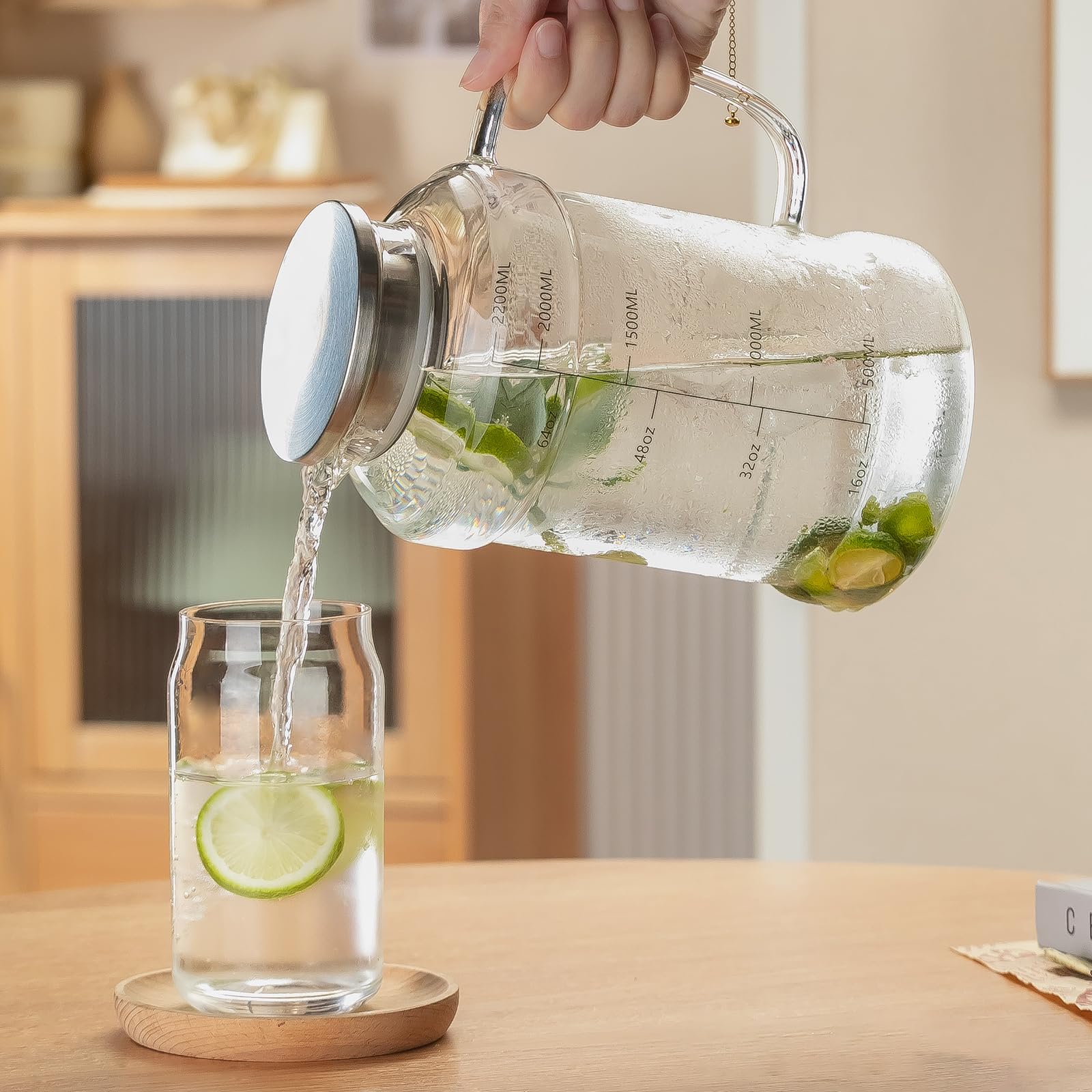 Buaic Glaskrug mit Deckel, 2,2 l Wasserkrug, klares Borosilikatglas, Wasserkaraffe für kaltgebrühten Kaffee, Limonade, Eiskaffee, Sonnentee, Getränke, hitzebeständiger Wasserglas-Krug
