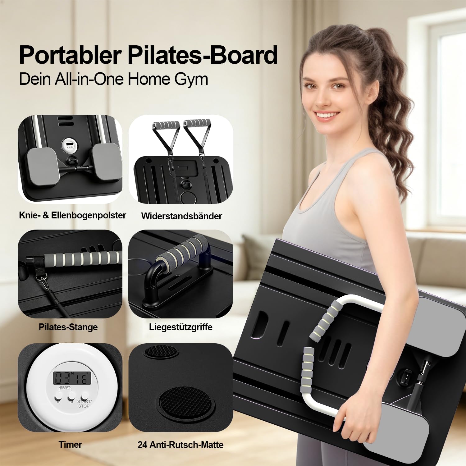 Multifunktional Pilates Board für Zuhause, Mini&Faltbarer Pilates Reformer Homegym(100+Ubungen), 10 in 1 Pilates Set für Ganzkörpertraining&Bauchtrainer, Brett 200KG inkl Automatisches Rebound