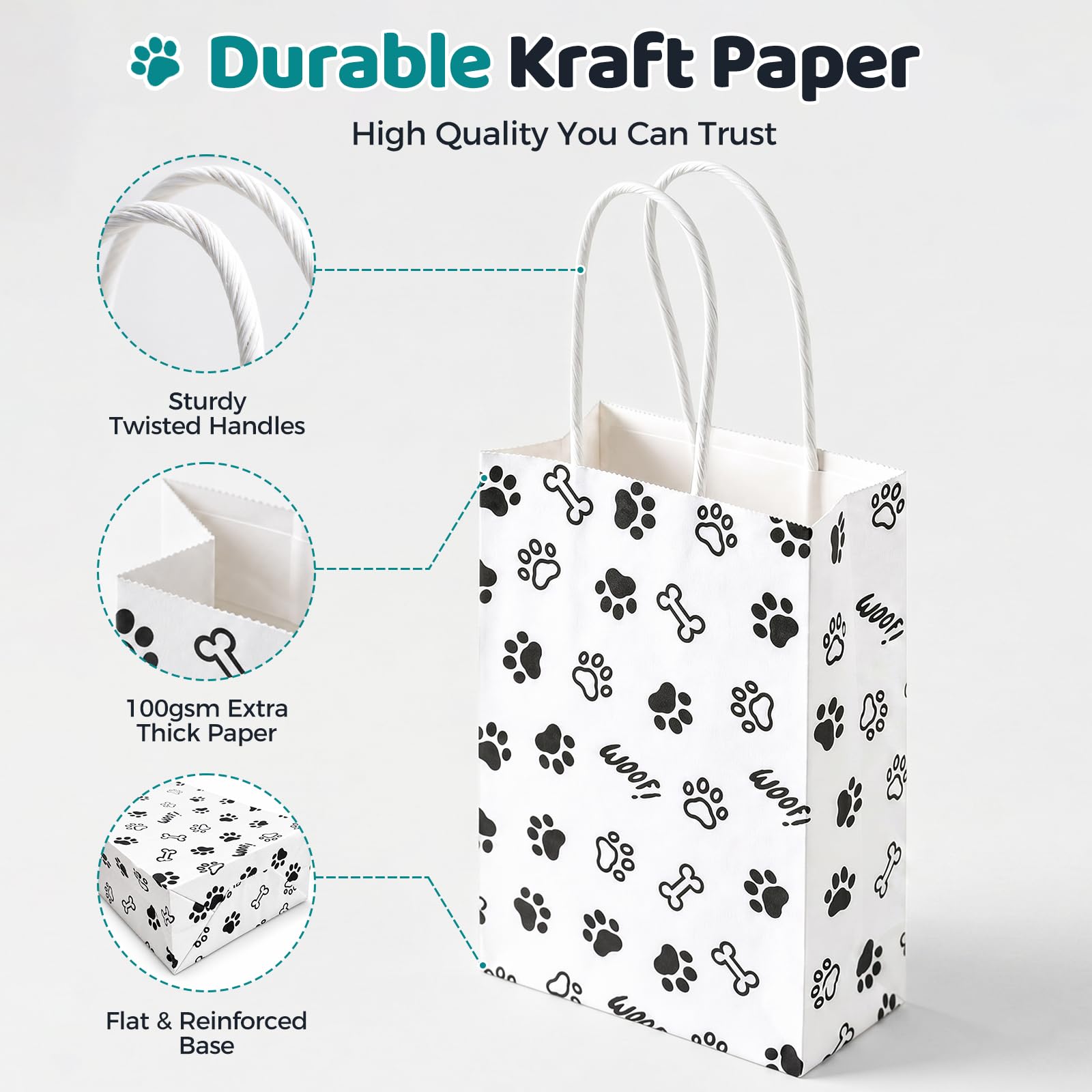 LovesTown 16 Pack Goodie Bags, 5.5 x 2.8 x 8 Inch Animal Party Favor Paw Prints Gift Bags with Handles for Dog Pet Themed Party Retail Grocery Bulk Supplies