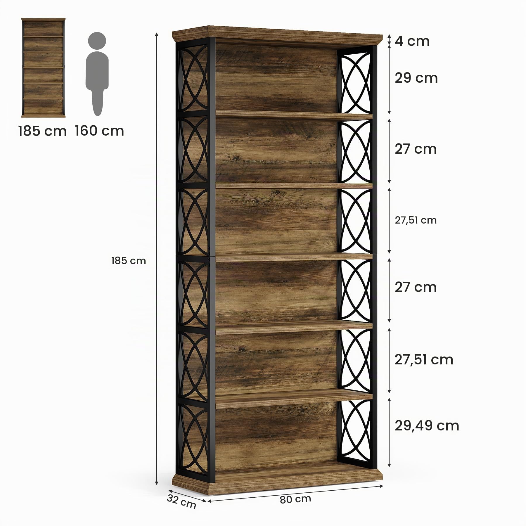Tribesigns Libreria a 6 Ripiani, Alta 185 cm con Industriale Ripiani Aperti, Scaffale Portaoggetti Indipendente, Verticale Organizer per Casa, Ufficio, Studio, Marrone e Nero