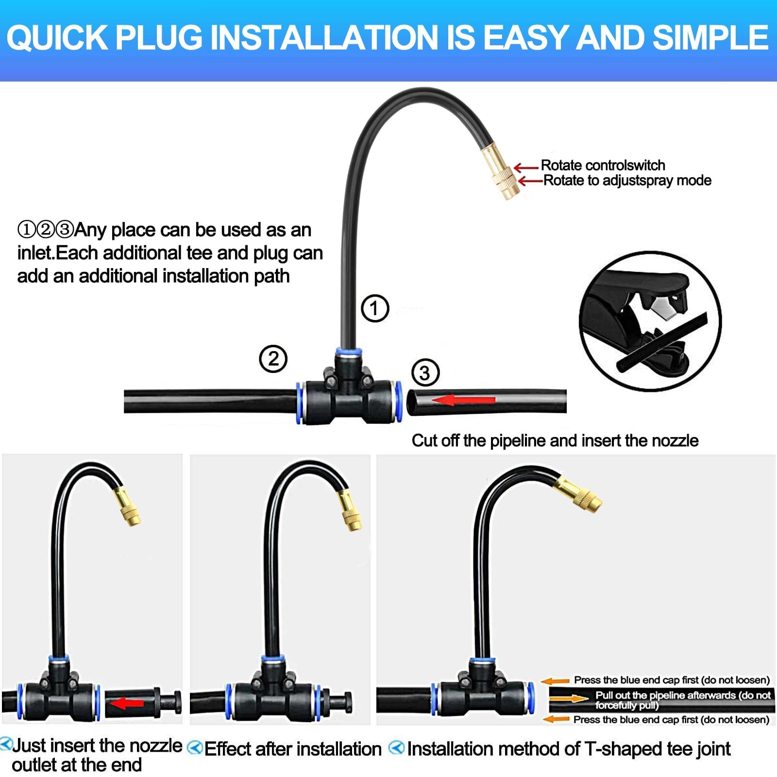 Kit d'irrigation goutte à goutte, système d'arrosage automatique avec connecteurs rapides et buses atomisantes à 360 degrés pour système d'arrosage pour jardin, plantes, pelouse, terrasse (25 buses)
