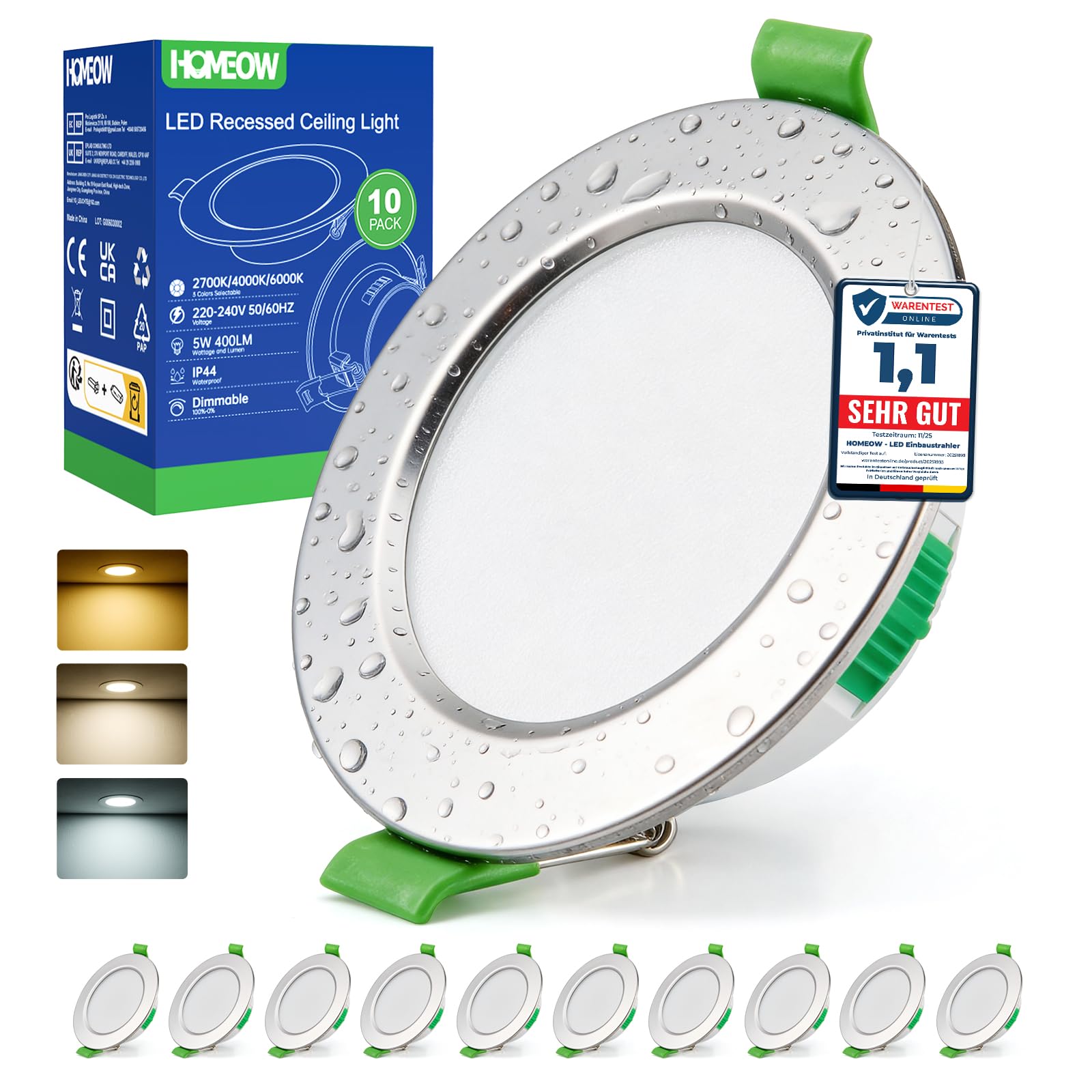 HOMEOW 10er Set Einbaustrahler LED, Spots 230V 68mm - 80mm Lochmaß, Nickel Deckenspots Deckenleuchte Warmweiß Neutralweiß Kaltweiß, 24mm Ultra Flach IP44 Einbauleuchten für Badezimmer Küche