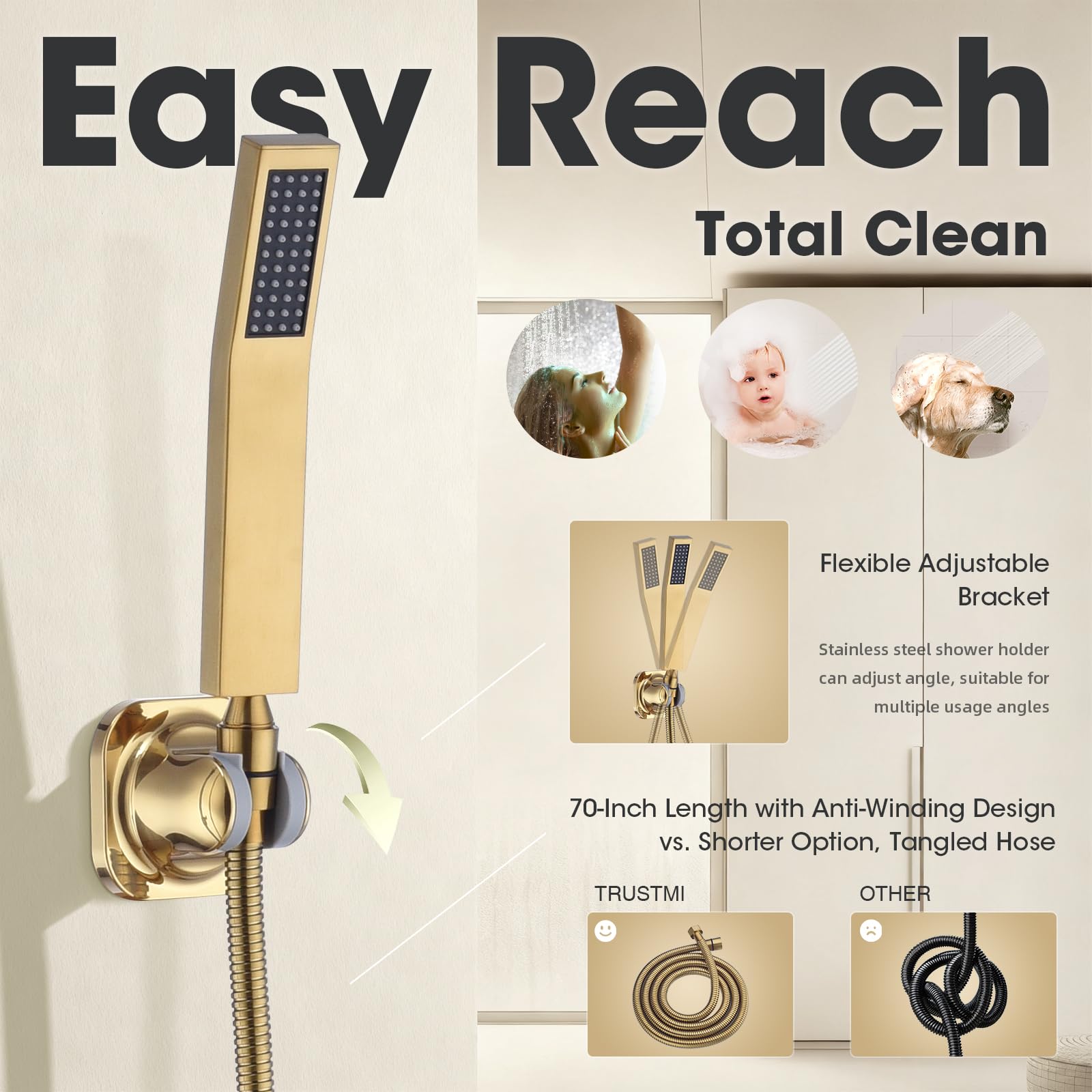 TRUSTMI - Cabezal de ducha de lluvia de metal con combo de rociador de mano, cabezal de ducha de lluvia de alta presión de 10 pulgadas y brazo de ducha ajustable de 14 pulgadas, desviador de 3 vías,