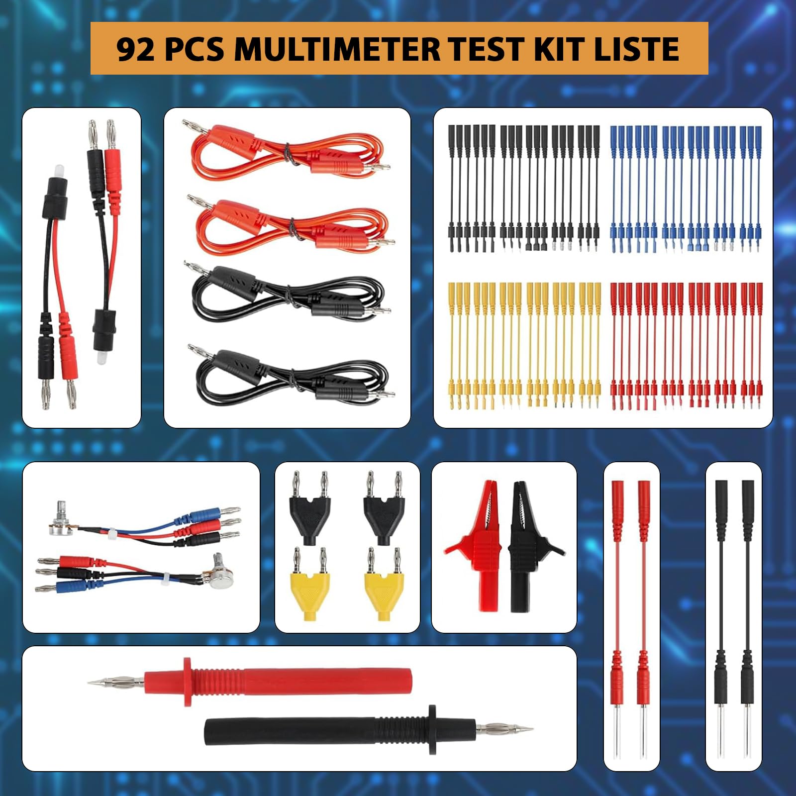 Cables Prueba Multímetro Kit, 92PCS Multímetro Cables de Prueba Set, Kit de Accesorios Puntas Tester para Automóvil y Eléctrico Digital Multifunción con Sondas, Banana y Pinzas Cocodrilo