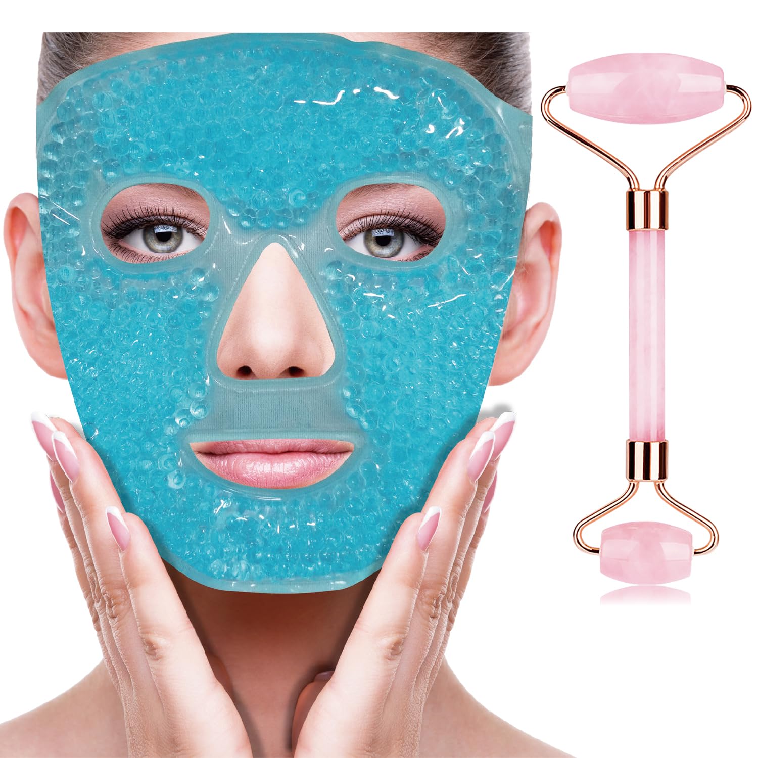 ZNÖCUETÖD Ice Face Facial Jade Roller and Ice Face Mask Cold Cooling Gel Mask Gift Set for Women Aging Wrinkles Lifting Firming Puffy Eyes, Eye Face Neck Roller Massager SPA Tools