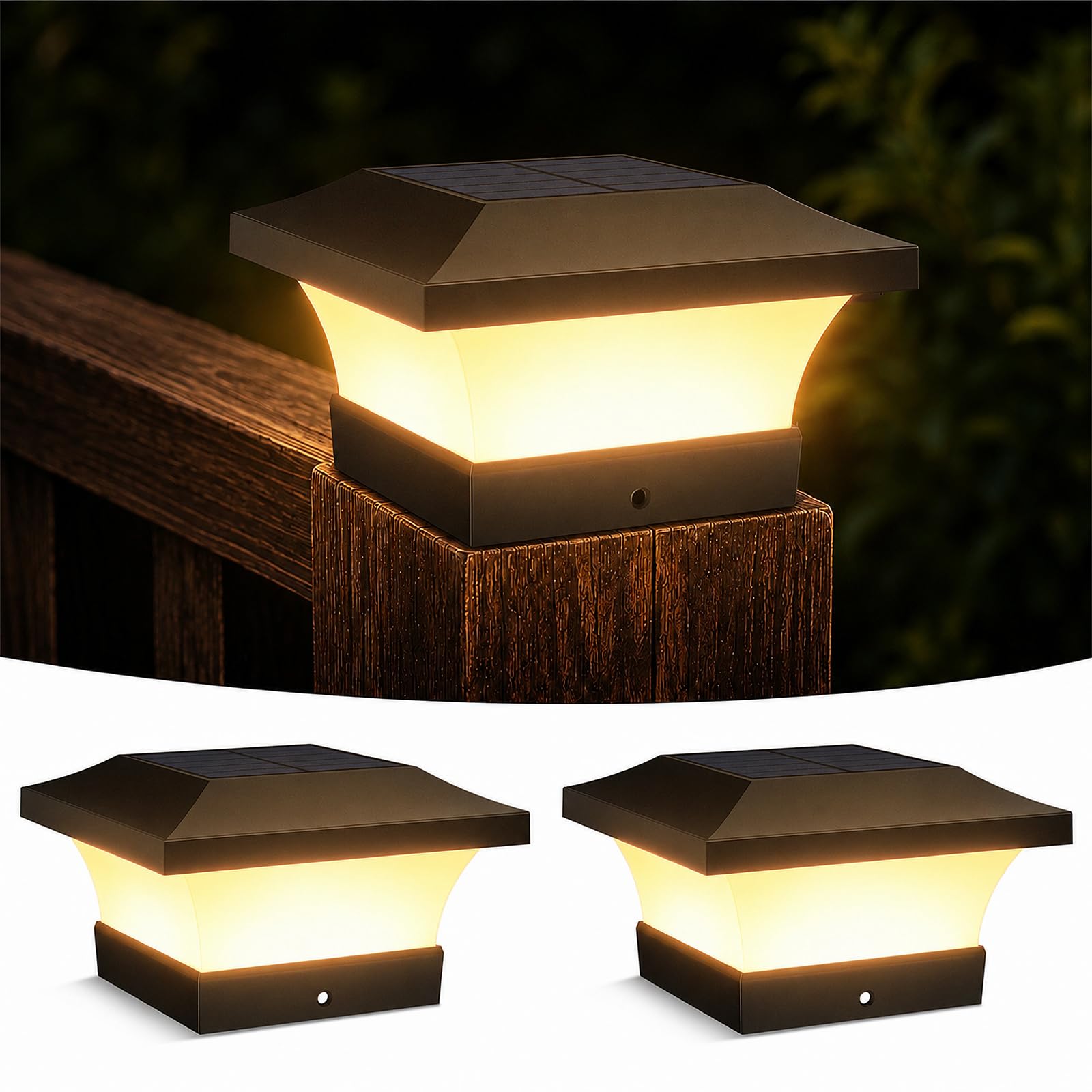 Lote de 2 lámparas solares para postes, 3000 K, color blanco cálido, impermeable, lámparas solares, capuchas, IP65, lámpara solar, 10 x 10 cm, postes para terraza, jardín
