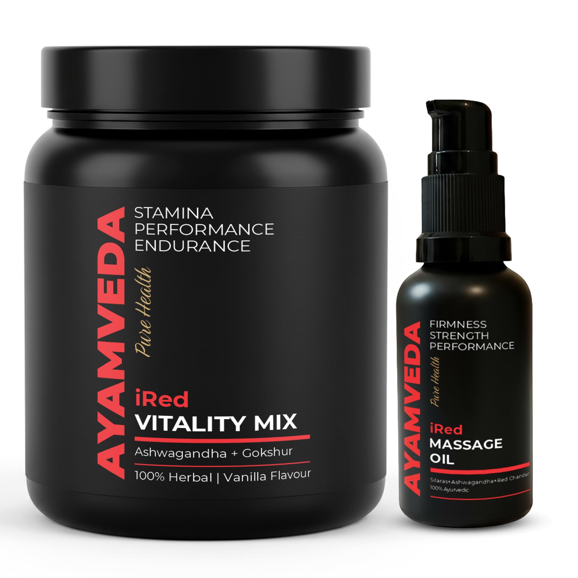 AyamVeda โ Ayurvedic iRed Massage Oil & Powder for Men | Premium herbs Ashwagandha, Kaunch Beej, Akarkara | 60-Day Pack