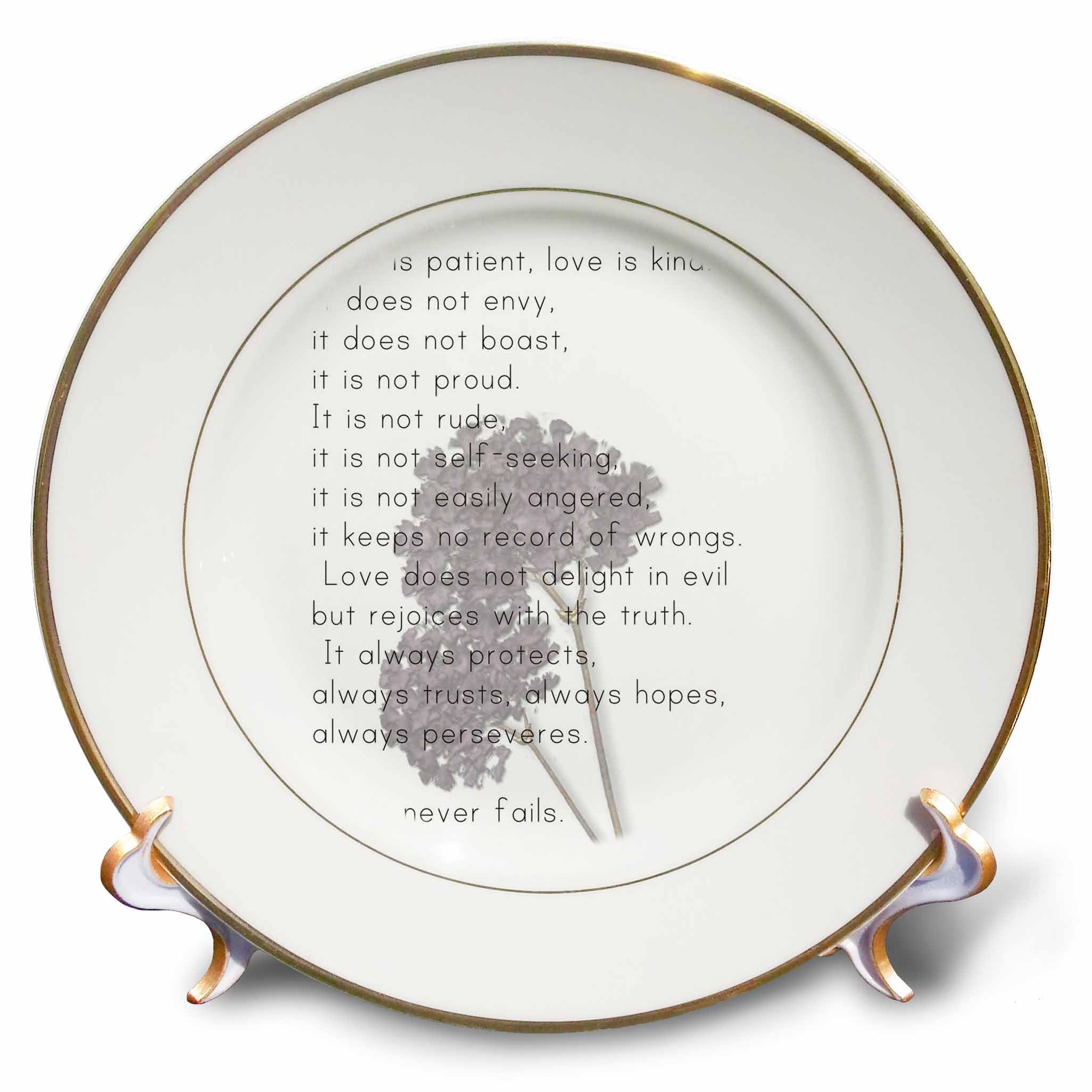 3dRose cp_56229_1 Love is Patient, Love is Kind Verse with Lavender Flowers Inspirational Porcelain Plate, 8-Inch