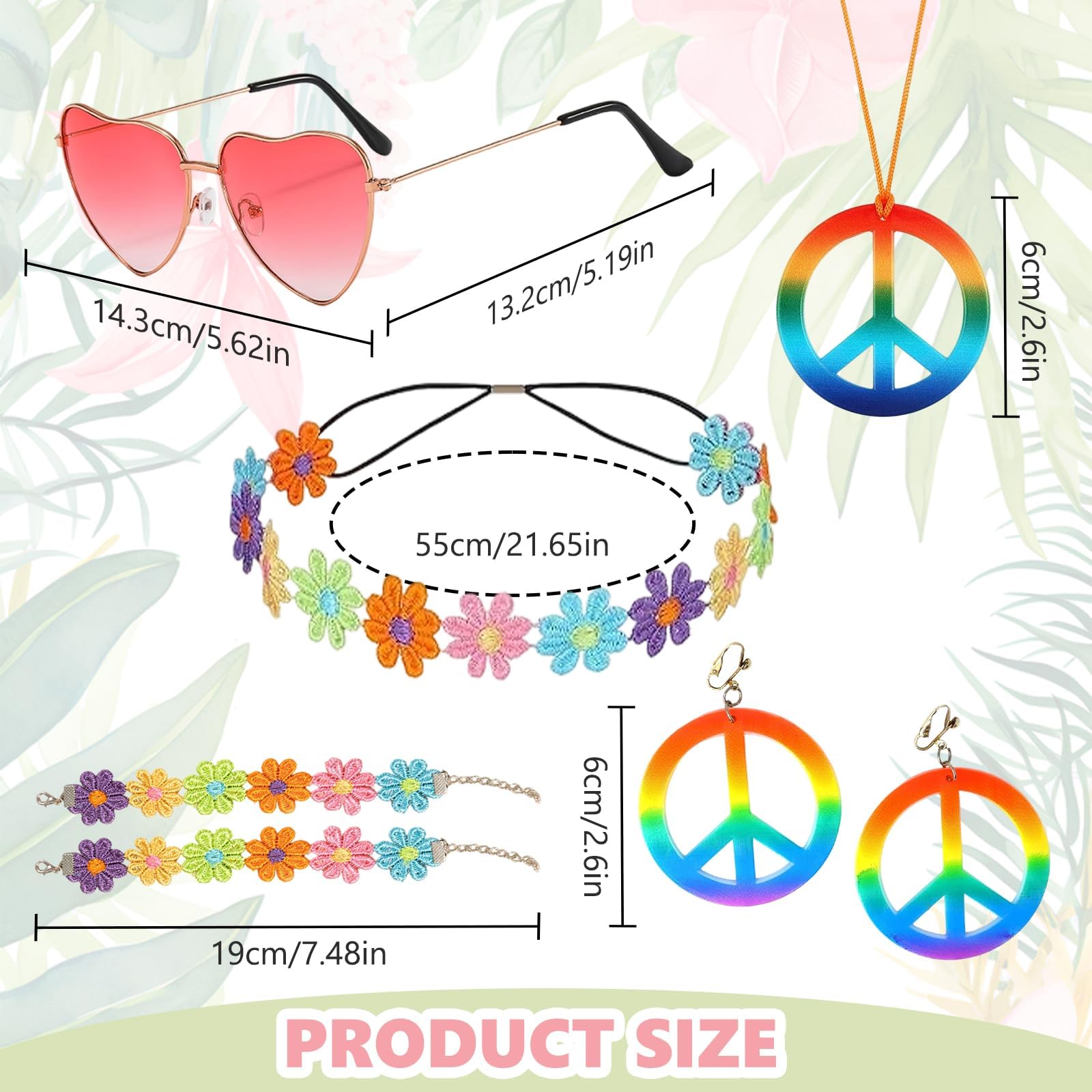7 Pcs Hippie Accessories Set, 70s Fancy Dress Women Accessories Include Flower Crown Headband Wristband and Hippie Sunglasses - Image 2