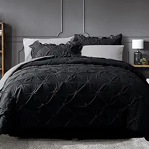 JOLLYVOGUE Black/Gray Bed in a Bag Comforter Set for Bedroom, Pintuck Twin Size Comforter Sets 5 Pieces, Bedding Comforter Sets with Comforter, Sheets,Ruffled Shams & Pillowcases