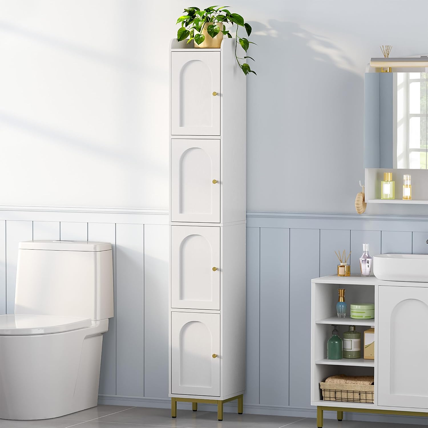 Cabinet with doors open, showing various toiletries and towels stored on shelves