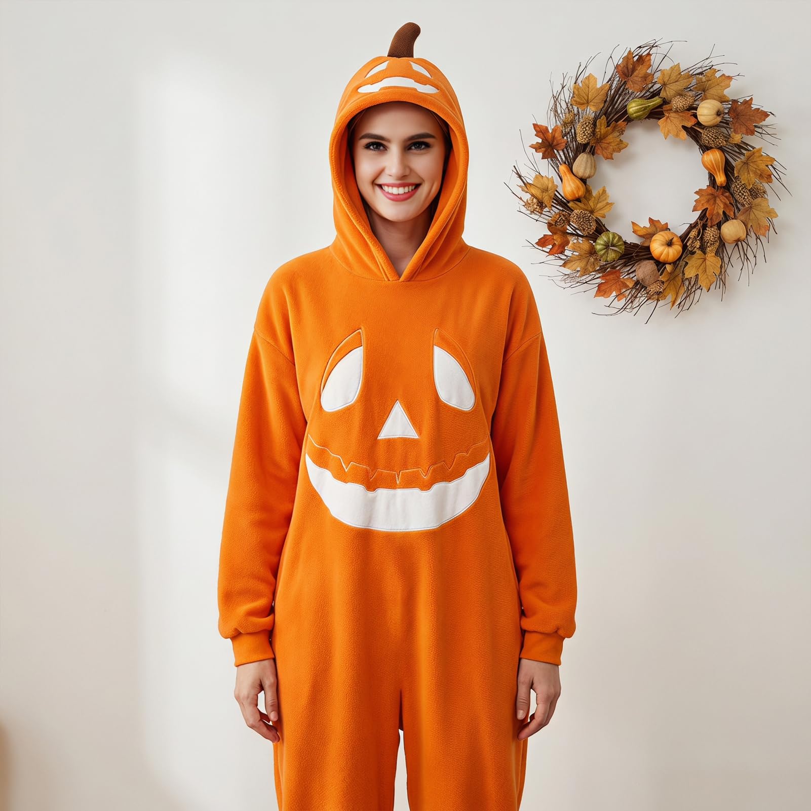 Pigiama intero a forma di zucca di Halloween, tuta cosplay per adulti con viso di zucca felice