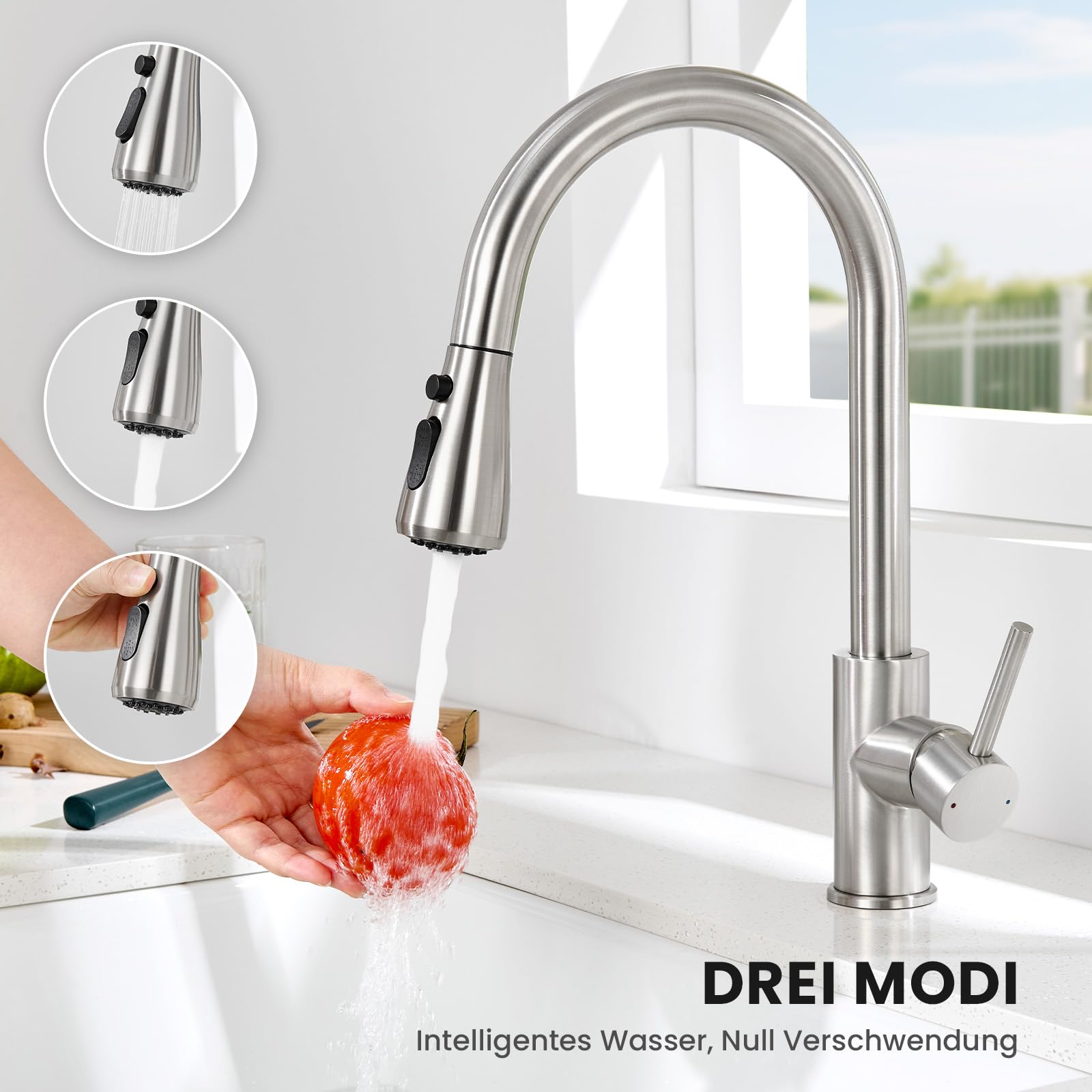 CECIPA Wasserhahn Küche, Hochdruck Küchenarmatur mit ausziehbar Brause, Armatur Küche mit zwei Sprühfunktionen, 360° schwenkbarer, Spültischarmatur mit einfacher Montage, Edelstahl Gebürstet | Mit 3 Wasserstrahlarten, ausziehbarer Brause, 360 Grad schwenk
