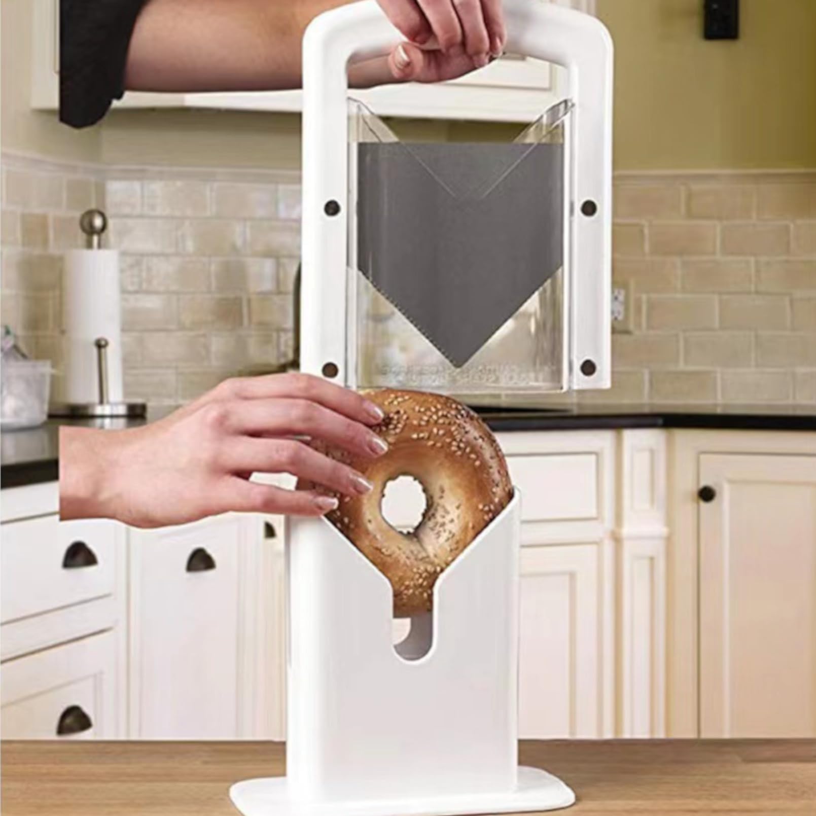 Coupe-bagels, coupe-pain en plastique, guillotine ¨¤ pain, coupe-pain manuel avec protection et poign¨¦e ergonomique