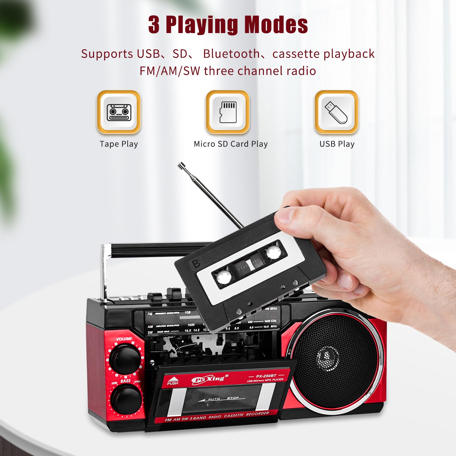 Kassettenspieler, tragbarer Kassettenspieler, kompatibel mit FM/AM/SW Frequenzbandrekorder, kompatibel mit Kassette/Bluetooth/Karteneinführung/Aufnahme
