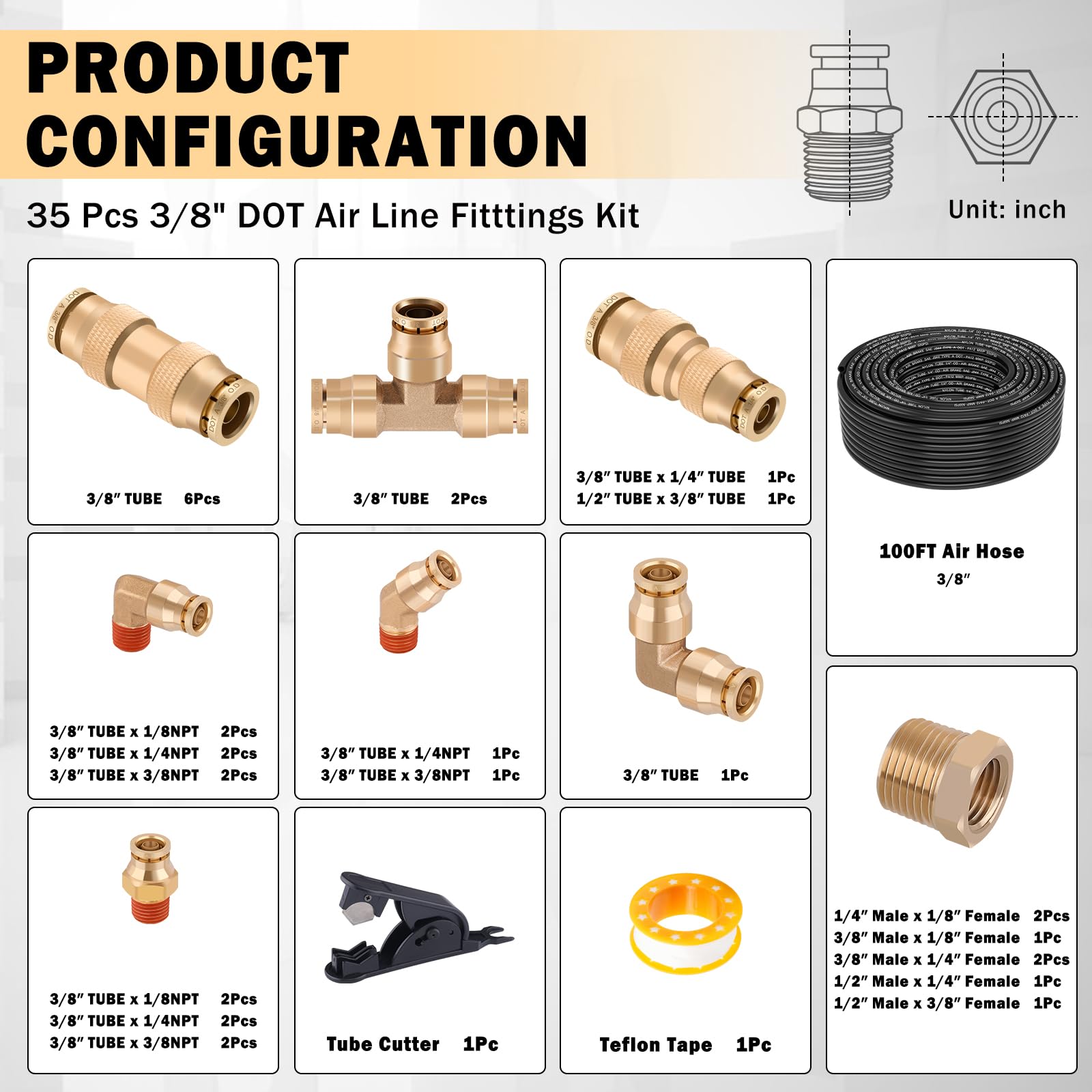 CheeMuii Accesorios de aire DOT de latón de 3/8 con kit de línea de aire DOT de 100 pies de 3/8 pulgadas, accesorios de línea de aire de conexión rápida y tubo neumático negro para remolque de