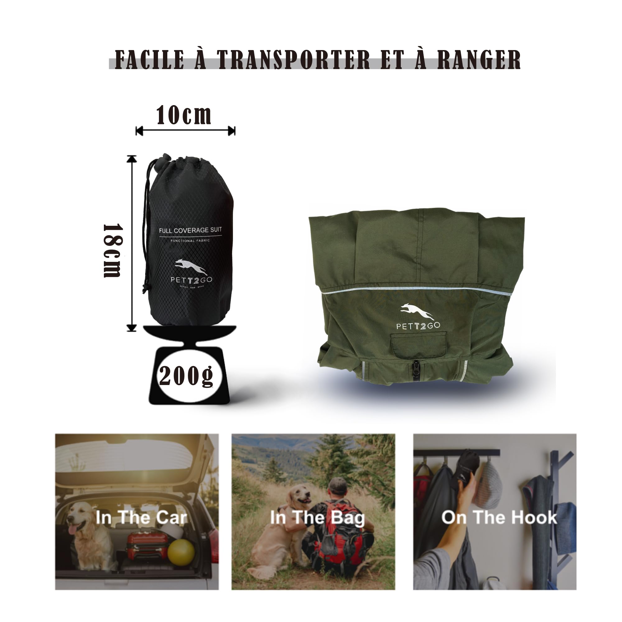 Coupe-Vent Léger pour Chien, Manteau avec Jambes, à Capuche, Trou pour Laisse, Réfléchissant, Compactable - Olive Foncé- XLarge(Mâle)