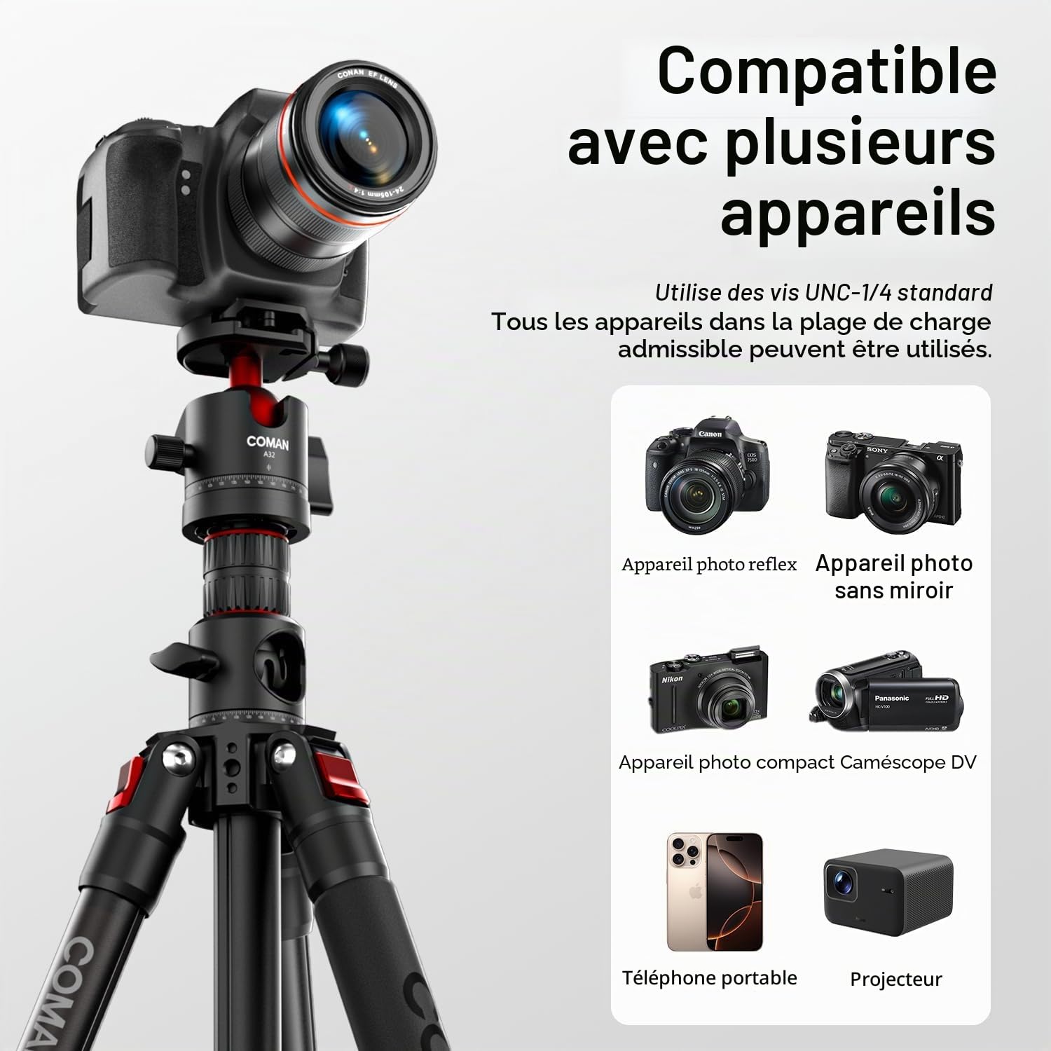 COMAN Trépied Horizontal pour Appareil Photo, Avec Colonne Centrale et Rotule à 360 Degrés,181cm Monopode Détachable en Hauteur, Avec Plaque de Dégagement Rapide Arca, Capacité de Charge Maximale 15kg