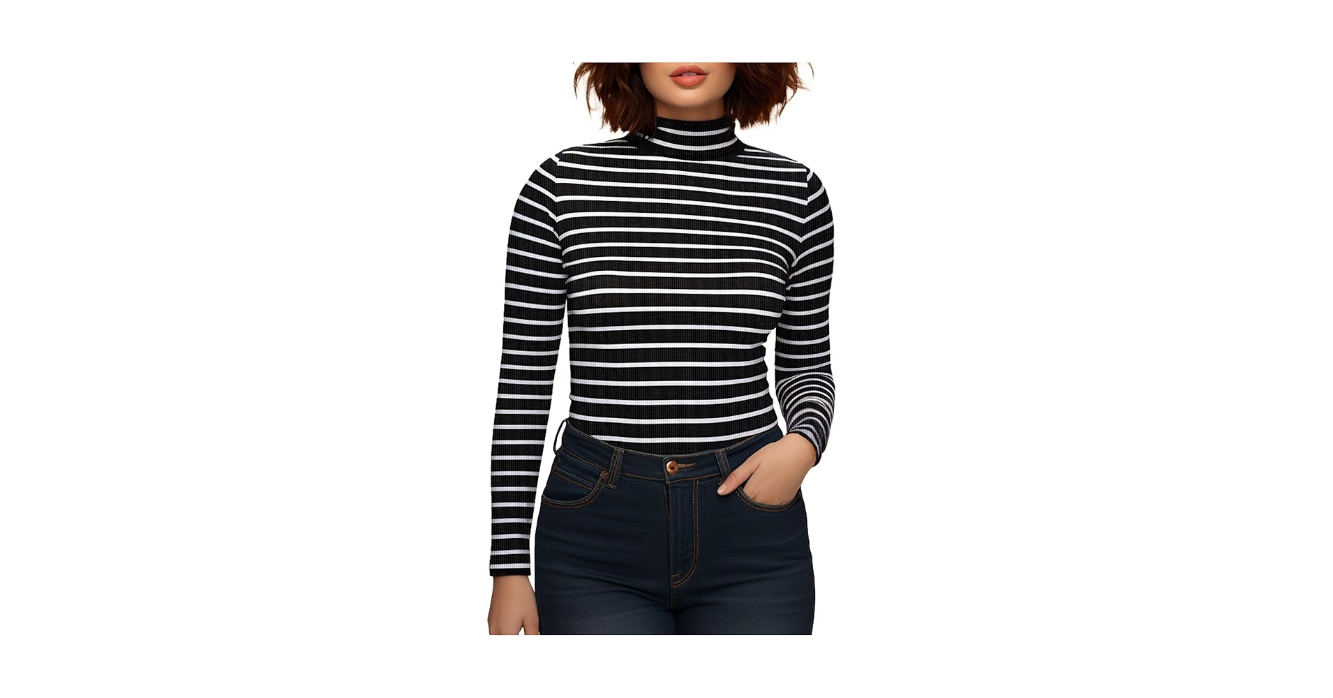 Zengjo Striped Long Sleeve Shirt Mock Neck(Black & White,XS