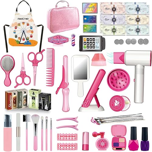 RedCrab Juego de juguetes de salón de belleza para niños, kit de maquillaje de peluquería para niñas, incluye secador de pelo para niños, peine,