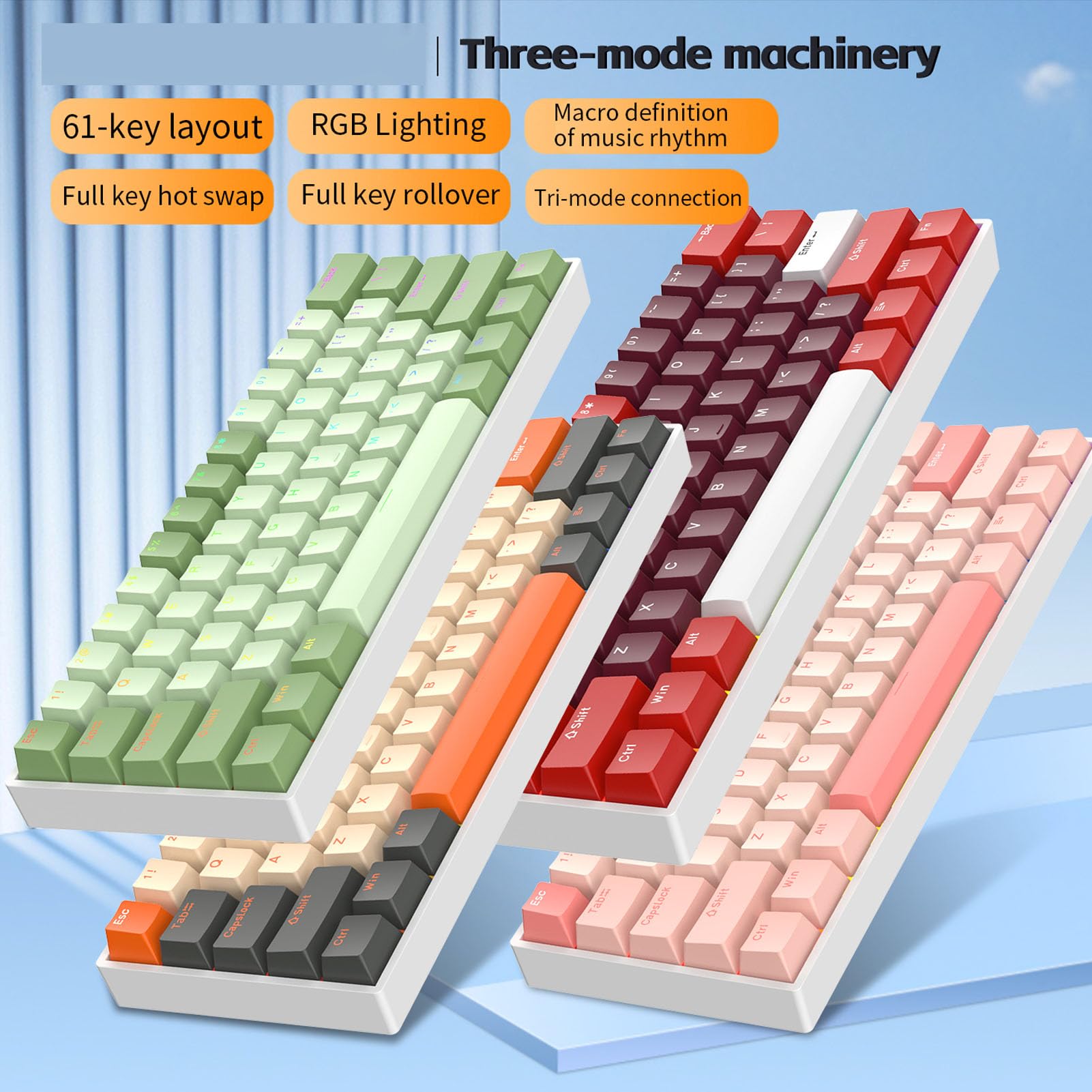 Clavier Mécanique sans Fil à 3 Modes, Clavier de Jeu Filaire BT 2,4 GHz avec Interrupteur, D'ordinateur Compact à 61 Touches pour Le Travail et Les Jeux (Orange)
