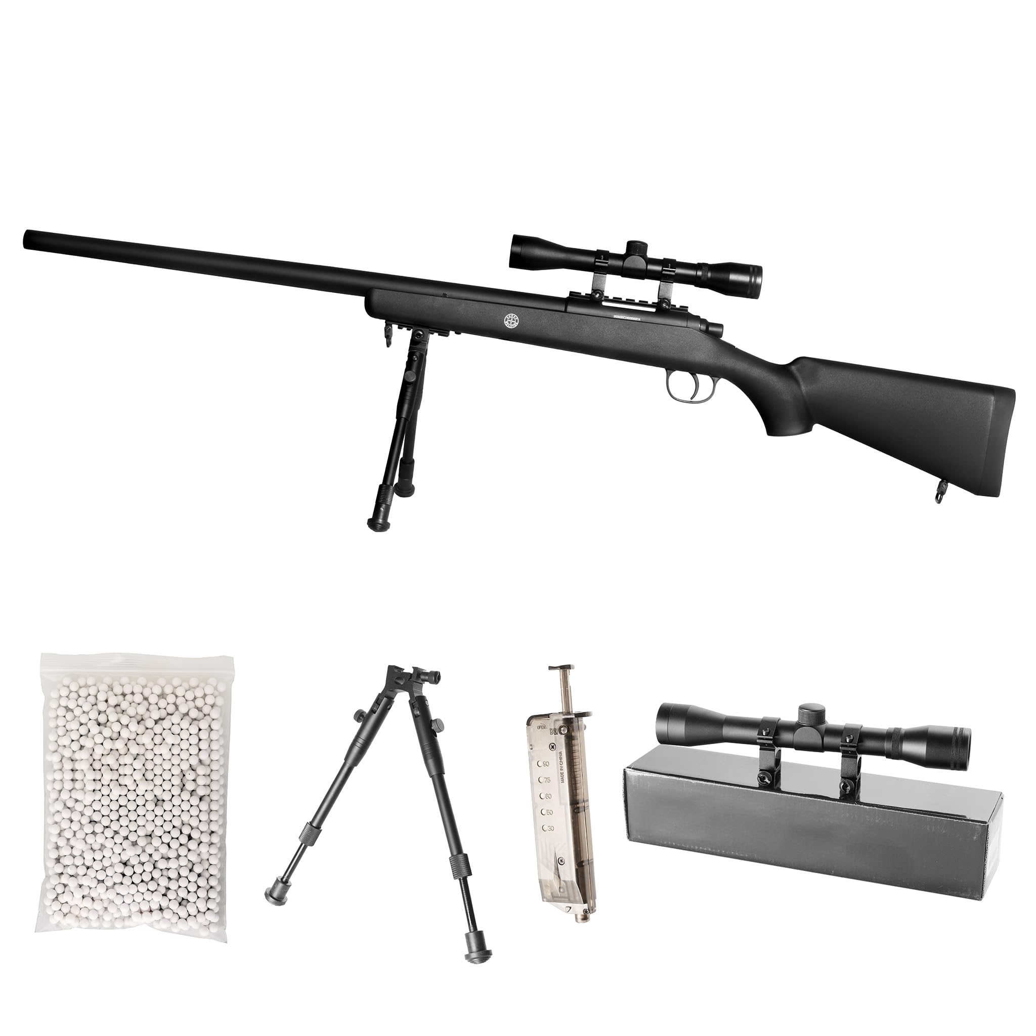 Fucile Sniper Softair M52 Bolt Action a Molla - Kit Professionale con Ottica Regolabile, Bipiede Metallico, 1000 Pallini 6mm e Spingi Pallino - potenza 0,9 joule