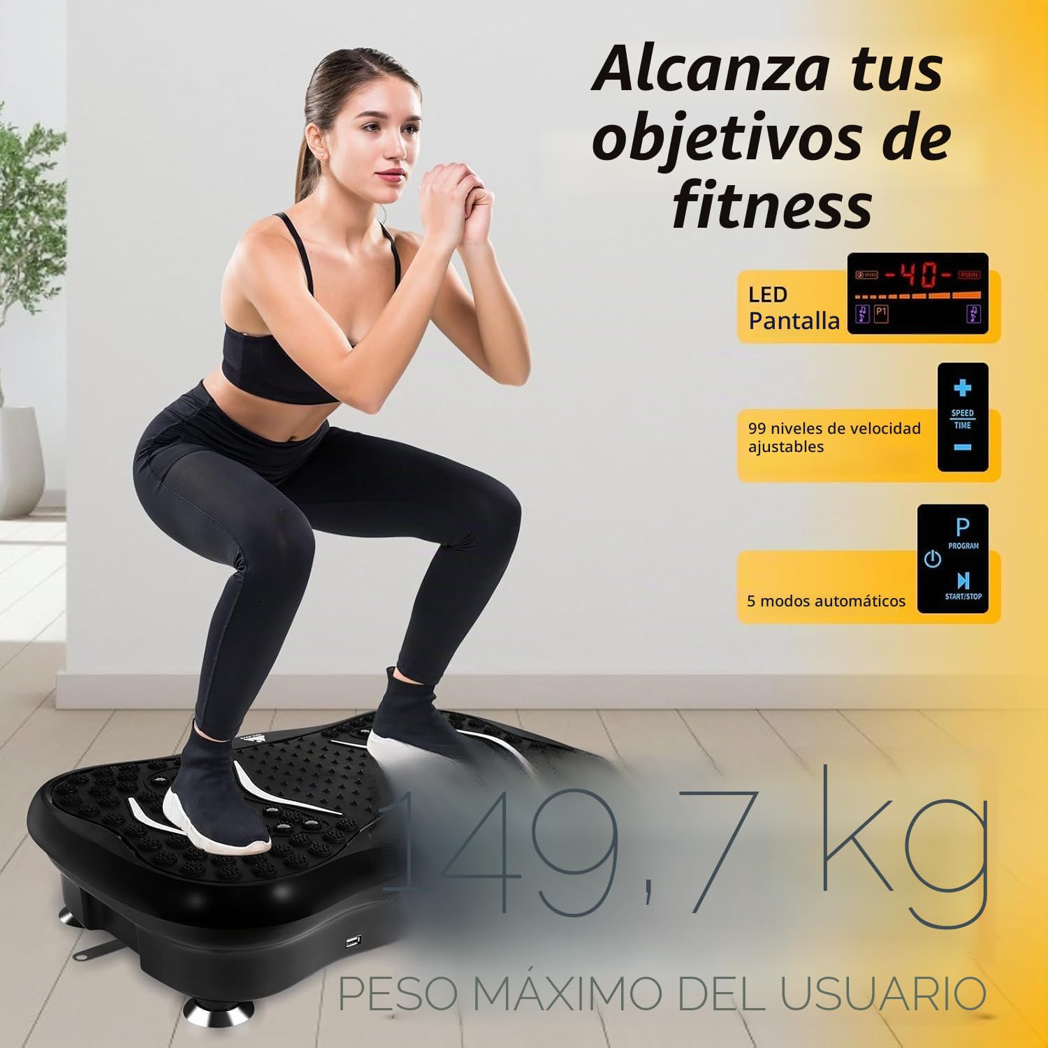 EVOLAND - Placas de vibración, máquina de ejercicio de fitness para uso doméstico, con altavoz Bluetooth, 5 modos de programa, 2 bandas de resistencia, entrenador de fitness de vibración, carga máxima de 330 libras (B)