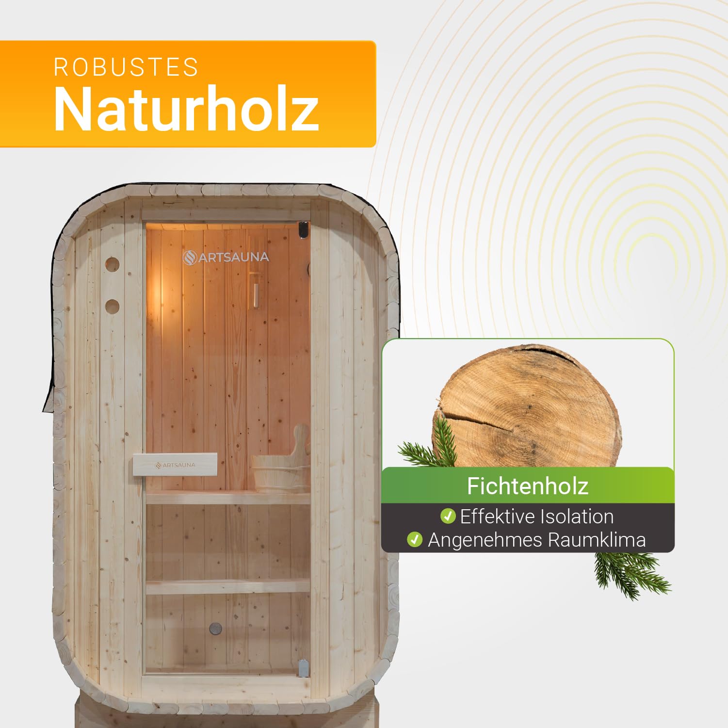 Artsauna Fasssauna Nolvik S Outdoor-Sauna Fichtenholz 3,6 kW Ofen LED Komplettset Winterfest Cube Design
