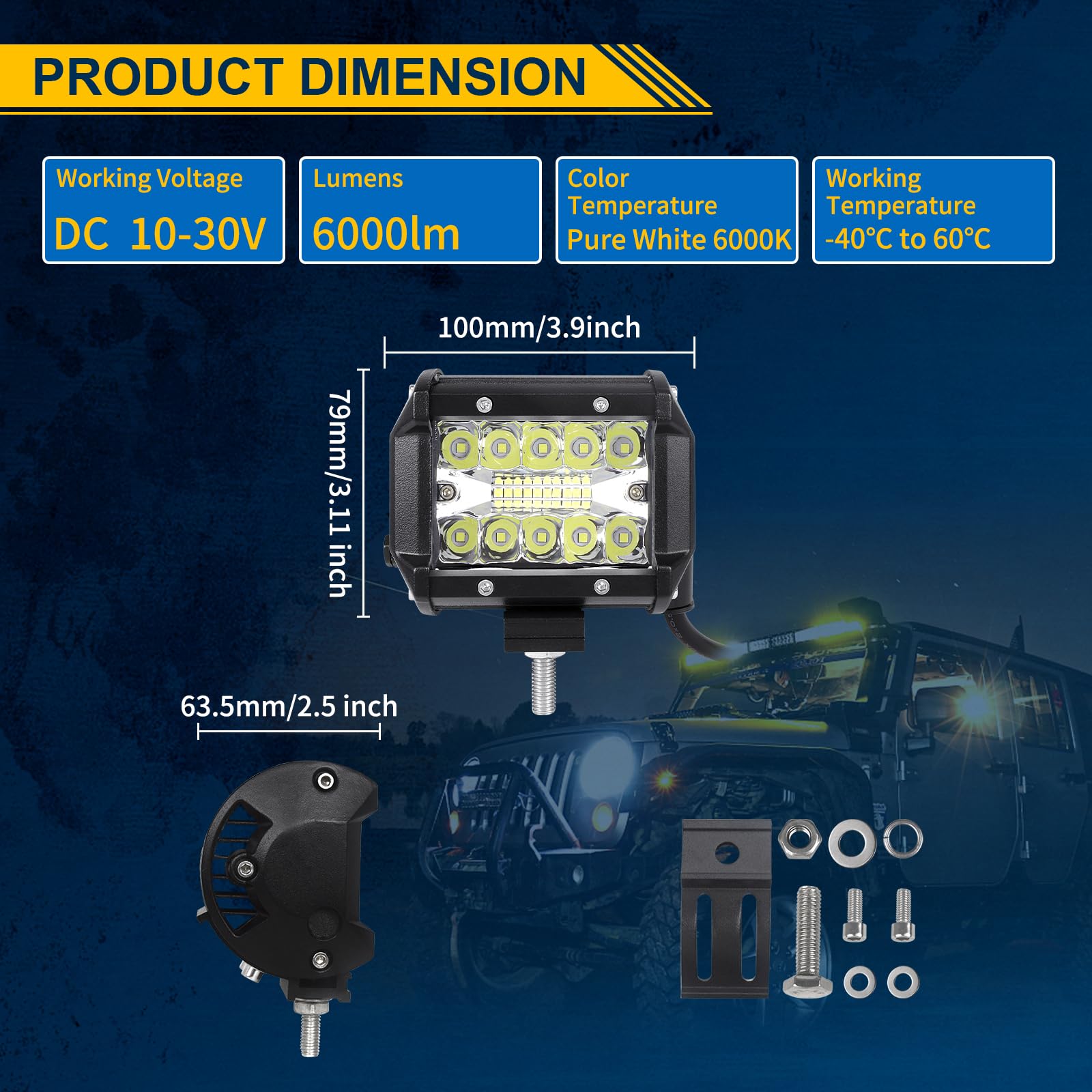 PICAA Faro Trabajo LED 12V, 4 Pulgadas 60W, 2 Piezas, IP67 Impermeable, 6000LM, Apto para Vehículos Todo Terreno, SUV, Tractor, Camión, Barco