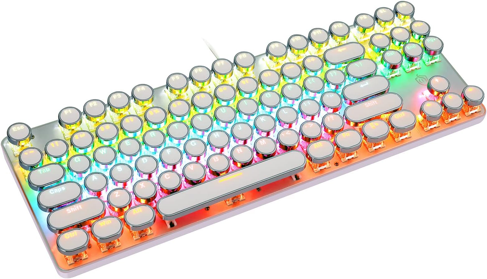 YSCP Mechanical Gaming Keyboard Typewriter Style with RGB LED Rainbow Backlit Blue Switch Retro Punk Round Keycaps Cute Keyboard for PC Gamers 104 Keys,White (104 Keys,White)
