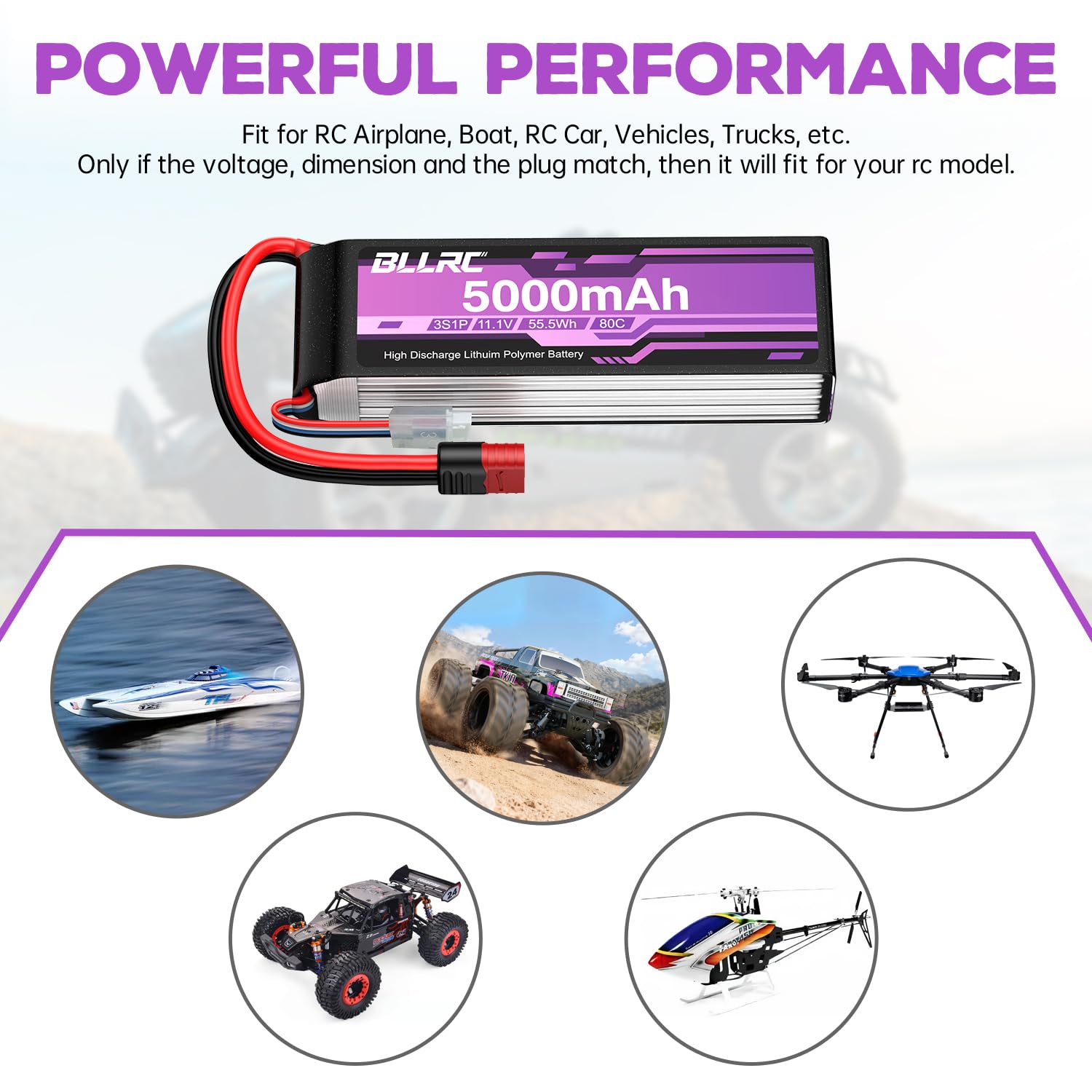 1PCS 11.1V 5000mah 3S 80C Lipo batería con Conector T para Coches RC, vehículos Todoterreno, cuatrocópteros y Drones